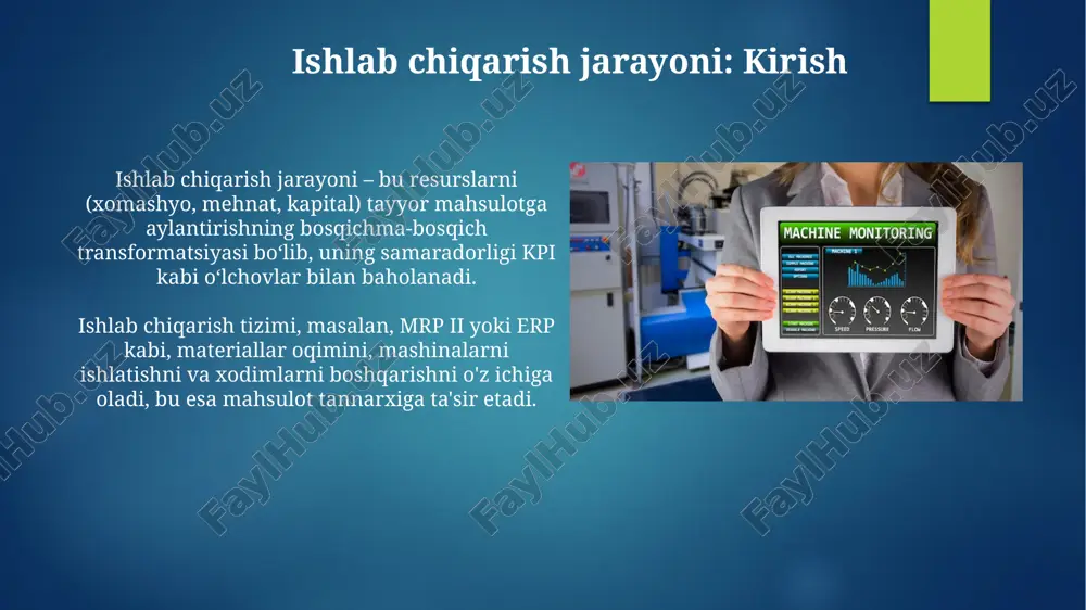 ning sifati 6 sigma standartlariga muvofiq bo'lishi, kamchiliklarni 3.4 million imkoniyatdan kamaytirishni ta'minlaydi, bu esa xaridorlarning ishonchini oshiradi. xizmat ko'rsatishda 95% mijozlar ehtiyojlariga birinchi murojaatda javob berish maqsad qilingan; bu tezkorlik mijozlarning sodiqligini ta'minlaydi. ishlab chiqarish natijalari ishlab chiqarish natijalari hajmi, sifati va assortimenti boʻyicha oʻlchanadi; masalan, 1000 dona mahsulot ishlab chiqarish, 95% sifat va 5 xil model assortimenti yaxshi ko'rsatkichdir. iqtisodiy samaradorlik koʻrsatkichlari, shu jumladan, birlik mahsulot uchun xarajatlar, foyda marjasi (masalan, 20% foyda), aktivlardan foydalanish koeffitsienti ishlab chiqarish natijalarini baholaydi. moliyaviy ko'rsatkichlar rentabellik ko'rsatkichlari, masalan sof foyda marjasi (10% dan ortiq), kompaniyaning daromad keltirish qobiliyatini baholash uchun daromadning xarajatlarga nisbatini aks ettiradi. likvidlik ko'rsatkichlari, jumladan joriy koeffitsient (2:1), kompaniyaning qisqa muddatli majburiyatlarini aktivlar bilan qoplash qobiliyatini ko'rsatadi, bu moliyaviy barqarorlikni anglatadi. bozordagi o'rin bozordagi o'rin, 25% ulushga erishish kabi, savdo hajmining o'sishini talab qiladi, bunda marketing strategiyalari va raqobatbardosh narxlar muhim rol o'ynaydi. mahsulotning bozor ulushi 10% dan …