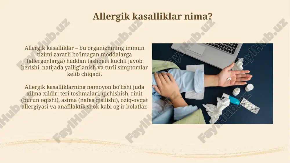 atorlari, masalan, kromolin natriy, mast hujayralaridan gistamin va boshqa yallig'lanish mediatorlarining ajralishini inhibe qilib allergik reaksiyalarni kamaytiradi. ushbu dorilar, odatda, burun spreyi yoki ko'z tomchilari shaklida bo'ladi va allergik rinit va allergik kon'yunktivit kabi kasalliklarni davolashda profilaktika uchun ishlatiladi. allergiya in'ektsiyalari (immunoterapiya) allergiya in'ektsiyalari – bu allergenlarning dozasini asta-sekin oshirib borish orqali tananing tolerantligini oshirishga qaratilgan uzoq muddatli davolash usuli hisoblanadi. immunoterapiya odatda 3-5 yil davom etadi va allergik rinit, allergik astma va hasharotlar chaqishiga bo'lgan allergiyalarni davolash uchun samarali bo'lishi mumkin. epinefrin avtoinjektorlari (epipen) epinefrin avtoinjektorlari (epipen) mushak ichiga in'ektsiya uchun oldindan o'lchangan epinefrinning bir martalik dozasini beradi, odatda 0,3 mg kattalar uchun va 0,15 mg bolalar uchun mo'ljallangan. epipen shoshilinch holatlarda anafilaksiyani davolash uchun ishlatiladi, bu og'ir allergik reaktsiya bo'lib, nafas olish qiyinlashishi, shish va qon bosimining pasayishi kabi alomatlarni keltirib chiqarishi mumkin. boshqa dori vositalari (misol uchun, kremlar, malhamlar) kortikosteroid kremlar, masalan, 1% gidrokortizon, terining yallig'lanishini kamaytiradi …