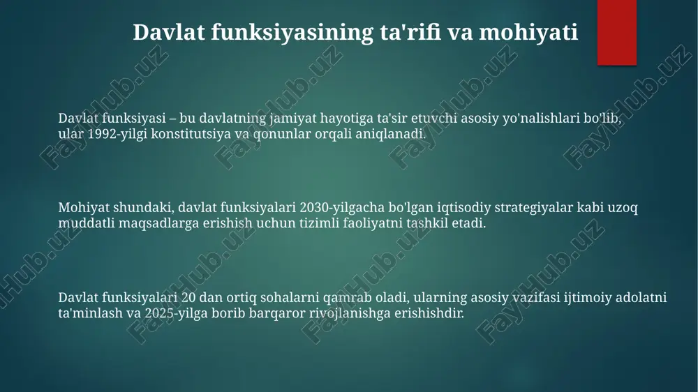 siyalarini ijro etishda 20 dan ortiq vazirlik va idoralar orqali faoliyat yuritadi, ular qonunlar ijrosini ta'minlash uchun ma'muriy chora ko'radi. o'zbekiston respublikasida davlat funksiyalari evolyutsiyasi mustaqillikning dastlabki yillarida davlat funksiyalari iqtisodiyotni boshqarishda muhim rol o'ynadi, 1990-yillarda davlat xususiylashtirish orqali bu funksiyani qisqartirishga harakat qildi. 2017-yildan keyingi islohotlar davlat funksiyalarini yanada optimallashtirish, boshqaruv samaradorligini oshirish va biznes uchun qulay muhit yaratishga qaratildi, 5 ta ustuvor yo'nalishlar belgilandi. raqamlashtirishning rivojlanishi davlat funksiyalarini elektron hukumat orqali amalga oshirishning yangi bosqichini boshladi, bu jarayon 2021-yilga kelib davlat xizmatlarini ko'rsatishni sezilarli darajada osonlashtirdi. e'tiboringiz uchun rahmat image6.png image1.png image2.png image3.png image4.png image5.png