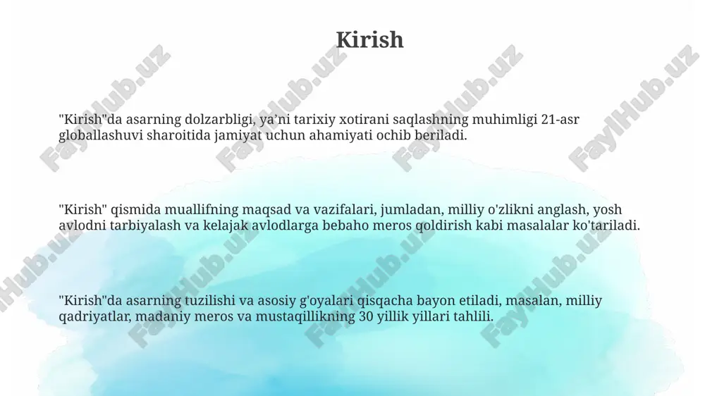 n etiladi, uning buyuk saltanati va madaniy merosi 14-15-asrlarda milliy yuksalish timsoli ekanligi ta’kidlanadi. o'tmish saboqlari asarda karimov milliy o'zlikni anglashning ahamiyatini ta'kidlab, 14-15-asrlarda amir temurning davlat qurilishidagi o'rnini misol qilib keltirib, 600 yillik merosni eslatadi. "o'tmish saboqlari"da karimov 1992-1993 yillardagi fuqarolar urushining achchiq saboqlarini yoritib, 150 mingdan ortiq odam halok bo'lganini va barqarorlikning qadrini ta'kidlaydi. karimov "o'tmish saboqlari"da 20-asrning boshlaridagi jadidchilik harakatining milliy uyg'onishdagi rolini tahlil qilib, uning 1930-yillardagi qatag'on qurbonlari xotirasini abadiylashtirish zarurligini uqtiradi. bugungi kun va kelajak "bugungi kun va kelajak" asarida karimov jamiyat barqarorligi uchun tarixiy xotirani saqlashning muhimligini ta'kidlab, bu orqali 21-asrda milliy o'zlikni anglash zarurligini ko'rsatadi. asarda muallif o'tmishdagi 100 dan ortiq bebaho merosni e'zozlash va kelajak avlodlarga yetkazish orqali milliy g'ururni shakllantirish lozimligini uqtiradi, shu bilan birga 90-yillarning boshida bo'lgan vaziyatni tahlil qiladi. karimov "bugungi kun va kelajak" kitobida 1991-yildagi mustaqillikka erishish jarayonini, siyosiy, iqtisodiy va ijtimoiy sohalardagi o'zgarishlarni tahlil qilib, 20 dan …