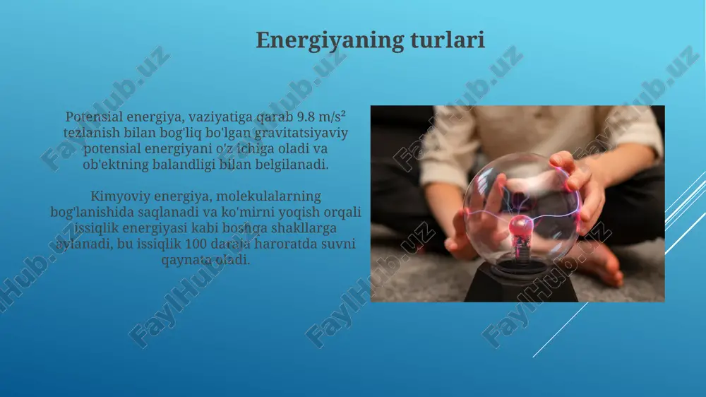 ib, uni uglevodlar shaklida saqlanadigan glyukoza ishlab chiqarish uchun ishlatadi. energiyani konvertatsiya qilish usullari issiqlik dvigatellari issiqlik energiyasini mexanik energiyaga aylantiradi, bunda termodinamikaning 1- va 2-qonunlari muhim rol o'ynaydi, samaradorlik esa karno sikli bilan cheklangan. fotovoltaik elementlar quyosh nurlanishini elektr energiyasiga aylantiradi, bu jarayon yarimo'tkazgich materiallaridagi fotonlarning elektronlarga ta'siri orqali amalga oshiriladi. energiyani tejash yadro energiyasi atom yadrolarida saqlanadi va e=mc^2 formulasi bilan ifodalanadi. yadroviy reaksiyalarda massaning bir qismi energiyaga aylanadi, bu juda katta miqdorda issiqlik va radiatsiya hosil qiladi. issiqlik energiyasi moddaning molekulalari harakatidan kelib chiqadi. harorat ko'tarilganda molekulalar tezroq harakatlanadi, natijada issiqlik energiyasi ortadi. 1 gradusga oshirish uchun zarur energiya issiqlik sig'imi deb ataladi. e'tiboringiz uchun rahmat image1.png image2.jpg image3.jpg image4.jpg image5.jpg image6.jpg image7.jpg image8.jpg image9.jpg image10.jpg image11.jpg image12.jpg