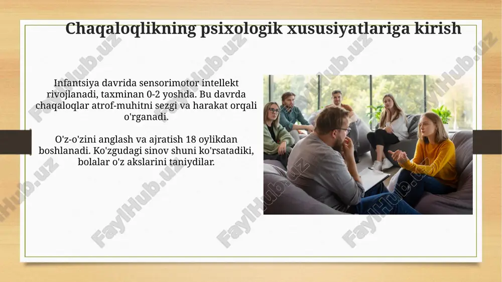 0-2 yosh) reflekslar orqali dunyoni anglashni o'z ichiga oladi; masalan, 2 oylik chaqaloq instinktiv ravishda barmoqni so'radi, bu sensorli tajribaga asoslangan. 8-12 oyliklarda ob'ektning doimiyligi tushunchasi rivojlanadi; bu chaqaloq ko'rinmay qolganda ham, ob'ekt mavjudligini tushunadi, bu muhim kognitiv qadamdir. o'yinning roli o'yin, ayniqsa 0-2 yoshda, kognitiv rivojlanishning asosi bo'lib, chaqaloqlar sabab-oqibat aloqalarini va ob'ektlarning doimiyligini o'rganadilar, masalan, 9 oylikda yashirish o'yinlari orqali. o'yin orqali ijtimoiy-emotsional rivojlanish kuzatiladi, 6-12 oylik chaqaloqlar boshqalar bilan o'zaro ta'sirga kirishib, mimikri va ovozlarni takrorlaydi, bu esa bog'lanishning muhim shakli hisoblanadi. individual farqlar chaqaloqlarning temperamentidagi farqlar sezilarli. ba'zi chaqaloqlar 3-oydan boshlab oson moslashuvchan bo'lsa, boshqalari esa qiyin temperamentga ega bo'lib, 15% dan 20% gacha tashkil etadi. individual farqlar chaqaloqlarning hissiy reaksiyalarida ham namoyon bo'ladi. masalan, ba'zi chaqaloqlar 6-9 oylik davrda begonalarga nisbatan kuchli qo'rquv (begonalashuv xavotiri)ni boshdan kechiradi. rivojlanishning buzilishlari autizm spektrining buzilishi, 1 yoshgacha bo'lgan bolalarda ijtimoiy o'zaro ta'sir va kommunikatsiya sohasida sezilarli defitsitlar bilan …