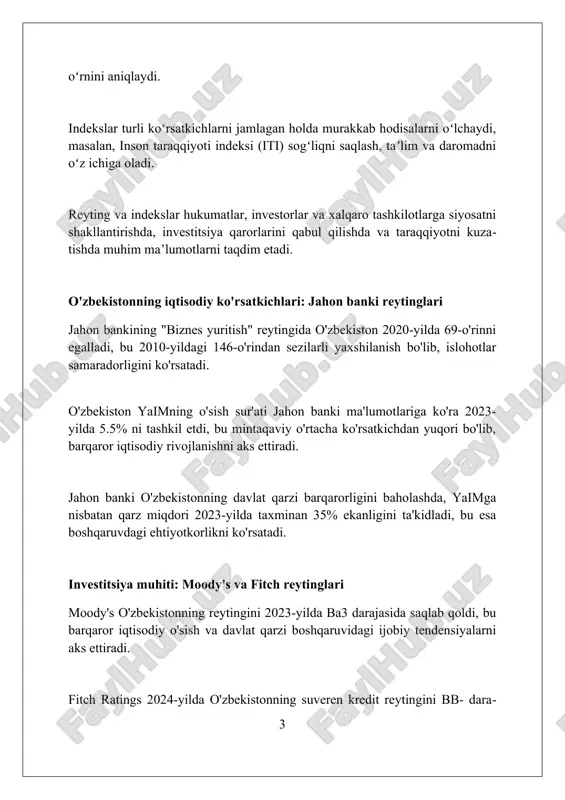 freedom house reytingi freedom house o'zbekistonning siyosiy huquqlar bo'yicha reytingini 2023-yilda 7 dan 10 ga ko'tardi, bu avtoritar boshqaruvdan qisman erkin boshqaruvga o'tishni anglatadi. 2023-yilgi hisobotda o'zbekistonning umumiy erkinlik balli 39 ballni tashkil etdi, bu o'tgan yildagi ko'rsatkichdan 5 ballga yuqori, bu yaxshilanishning dalilidir. freedom house, siyosiy mahbuslarni ozod qilish va majburiy mehnatga qarshi kurash kabi islohotlarni olqishladi, bu esa o'zbekistonning reytingiga ijobiy ta'sir ko'rsatdi. inson huquqlari: bmtning inson huquqlari bo'yicha reytinglari o'zbekiston bmtning inson huquqlari bo'yicha kengashiga 2021-yilda saylangan va 2024-yilgacha a'zo bo'lib, mamlakatning inson huquqlarini himoya qilishdagi global ishtirokini kuchaytiradi. bmtning inson huquqlari bo'yicha oliy komissari boshqarmasi (ohchr) o'zbekistonda 2017-yildan beri faoliyat yuritib, inson huquqlari monitoringi va texnik ko'makni ta'minlaydi. o'zbekiston bmtning asosiy inson huquqlari bo'yicha 9 ta shartnomasining 6 tasini ratifikatsiya qilgan, bu esa inson huquqlariga sodiqlikni ko'rsatadi, lekin hali to'liq qabul qilinmagan. ta'lim sohasidagi islohotlar: pisa va boshqa reytinglar o'zbekiston pisa-2022 tadqiqotida ilk bor to'liq ishtirok …
