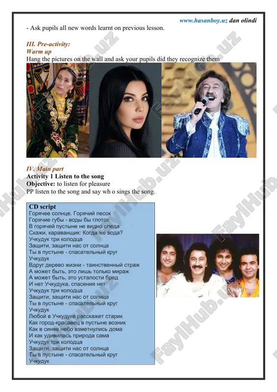 bekistan, (a few bars of a film score by burxonov) key: it is about mutal burxonov. he came from bukhara and he is famous for composing the national anthem of uzbekistan, the opera ;alisher navoi’, music for films and many songs. activity 3a read the text and give it a title. objectives: to read for main ideas; to inform pp of the existence of music festivals in uzbekistan; to encourage them to participate in the festivals pp read the text silently. when they finish, ask them for their suggestions for a title. ask them to explain why they suggest the title. accept all reasonable answers. activity 3b work in pairs. answer the questions. objectives: to practise expressing opinions and giving reasons; to encourage pp to consider the purpose of such festivals and how it might be helpful for their development give pp a minute to think about their answers. you …
