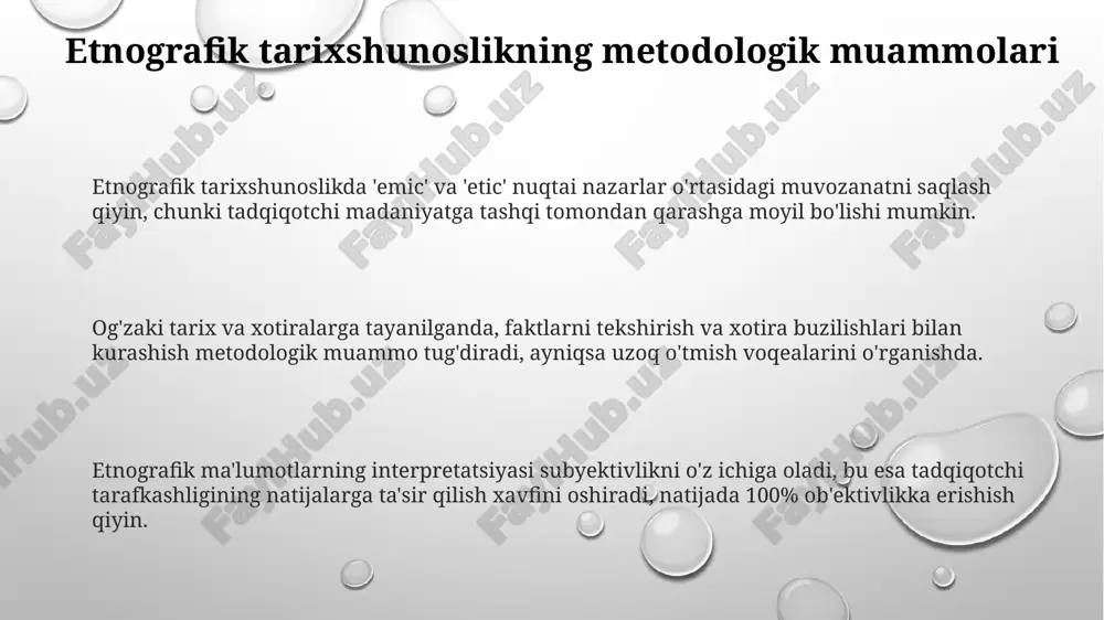 ish uchun ishtirokchilarning fikrlash tarzini qayta yaratishga harakat qilishdi. kontekstni qayta tiklashda, 1920-yillardagi malinovskiy uslubi kabi, mahalliy ma'lumotlarning etishmasligi sababli tarixiy manbalarni etnograflar chuqur tahlil qilishlari juda muhim. ethnografik tarixshunoslikda, 17-18-asrlardagi siyosiy vaziyat kabi holatlarni rekonstruksiya qilishda, ma'lumot manbalarining buzilishi, tarjimadagi noaniqliklar muammolarni keltirib chiqaradi. madaniy tafovutlarni talqin qilish madaniy tafovutlarni talqin qilishda 19-asr antropologiyasiga xos bo'lgan evolyutsion yondashuvlardan qochish zarur, chunki u madaniyatlarni ierarxik tarzda joylashtiradi. madaniy tafovutlarni talqin qilishda etnotsentrizm xavfi mavjud, bunda tadqiqotchilar o'z madaniyatining me'yorlari orqali boshqa madaniyatlarni baholaydilar va noto'g'ri xulosalarga keladilar. tadqiqotchilar madaniy tafovutlarni talqin qilishda "insayder" (emic) va "outsayder" (etic) nuqtai nazarlarini muvozanatlashtirishlari kerak, bu esa 2 xil tushunchani uyg'unlashtirish demakdir. vaqt va o'zgarish muammosi vaqt o'tishi bilan, etnografik ma'lumotlar o'zgaradi; 20-asrda yozilgan urf-odatlar 21-asrda boshqacha ko'rinishga ega bo'lishi mumkin, bu tahlilda ibrat bo'lishi kerak. o'zgarish muammosi etnografiya uchun qiyin vaziyatdir, chunki tarixiy rekonstruktsiya o'tmishdagi aniq holatni tiklashga intiladi, ammo madaniyatlar doimo 30% …