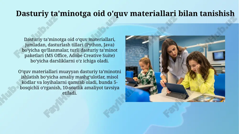 ohaza" darsdan keyin beriladi, unda talabaning 70% qismi muvaffaqiyatli, 30% qismi esa yaxshilanishi kerak bo'lgan tomonlari haqida ma'lumot beriladi. muammolar va yechimlar 'muammolar va yechimlar' o'quv materiali, dasturiy ta'minotdagi 10 dan ortiq asosiy muammolarni aniqlash va ularni hal qilish bo'yicha amaliy maslahatlar beradi. 'muammolar va yechimlar' resursi 50 dan ziyod yechimlarni o'z ichiga olgan holda, dasturlashning turli sohalarida, jumladan, xatolarni tuzatishda qo'llanma sifatida xizmat qiladi. kelajak tendentsiyalari dasturiy taʼminot sohasida sunʼiy intellekt (si) asosidagi oʻquv materiallari ortib boradi, bu esa 2025-yilga borib adaptiv taʼlim platformalarini rivojlantiradi. kengaytirilgan va virtual reallik (ar/vr) texnologiyalari 2030-yilga kelib dasturlashni interaktiv tarzda oʻrgatish uchun 3d simulyatsiyalarni yaratishga imkon beradi. xulosa xulosa oʻquv materiallari boʻyicha asosiy topilmalarni jamlaydi, 1-qismdagi tushunchalar, misollar va tadqiqotlar natijalarini qisqacha bayon etadi. yaxshi yozilgan xulosa, odatda, 3 yoki 5 banddan iborat boʻlib, oʻquvchiga materialning mohiyatini aniq va ixcham tarzda tushunishga yordam beradi. e'tiboringiz uchun rahmat image3.jpg image4.jpg image5.jpg image6.jpg image7.jpg image8.jpg …