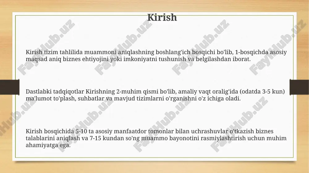 n ortiq funksionallik talablariga javob berilishi kafolatlanadi. mantiqiy dizayn maqsadlaridan biri - tizimning 8 asosiy komponenti (kirish, chiqish, protsessor, ma'lumotlar bazasi va boshqalar) o'rtasidagi munosabatlarni aniqlash va 2 ta muhim interfeysni loyihalashdir. er diagrammalari mantiqiy dizaynda keng qo'llaniladi, ular 3 turdagi ob'ektlar (entitetlar, atributlar, munosabatlar) orqali ma'lumotlar bazasi modelini vizualizatsiya qilish va 5 dan ortiq bog'liqliklarni aniqlashga yordam beradi. fizik dizayn uskuna va dasturiy ta'minot talablariga muvofiq, fizik dizaynning maqsadi 90% samaradorlik bilan tizimning texnik xususiyatlarini aniq belgilash hisoblanadi. fizik dizayn apparat, dasturiy ta'minot, ma'lumotlar bazasi va tarmoq arxitekturasini aniqlaydi, tizimning 100% ishlashi uchun zarur bo'lgan detallarni belgilaydi. fizik dizayn tizim konfiguratsiyasini, 85% uzluksizligi, 15% xatolikka yo'l qo'yilishi bilan qanday amalga oshirilishini va joylashtirilishini aniqlab beradi. tizimni amalga oshirish tizimni amalga oshirishda 1-qadam dasturiy ta'minot va apparatni o'rnatishni o'z ichiga oladi, bu esa mavjud infratuzilmaga integratsiyani kafolatlaydi va yangi tizimning ishlashini ta'minlaydi. tizimni joriy etishning 2-bosqichi tizim parametrlarini 100% talablarga …