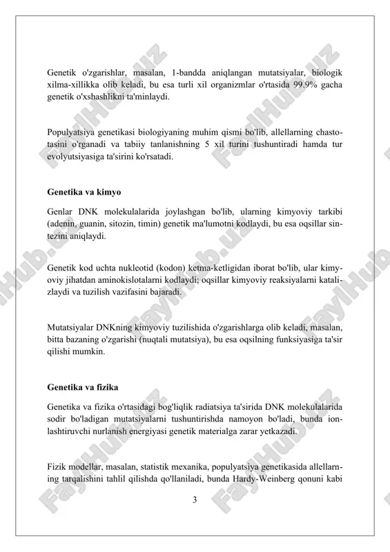 a tibbiyot genetik testlar, masalan, onkogenlar mutatsiyalarini aniqlash orqali saraton kasalligini erta tashxislashga imkon beradi, bu esa davolash samaradorligini 30-40% ga oshirishi mumkin. farmakogenetika shaxsiy dori vositalarini tanlash uchun genetik ma'lumotlardan foydalanadi; cyp2c19 geni metabolizm tezligini aniqlaydi va dozalashni 25% ga optimallashtiradi. irsiy kasalliklar, masalan, kist fibróz, genetik skrining orqali aniqlanishi mumkin, bu esa oilalarga rejalashtirish va simptomlarni boshqarish bo'yicha 80% ga ko'proq ma'lumot beradi. genetika va qishloq xo'jaligi genetika qishloq xo'jaligida hosildorlikni oshirish uchun seleksiya jarayonlarida, masalan, duragay makkajo'xori yaratishda muhim rol o'ynaydi, bu 15-20% ga hosilni ko'paytirishi mumkin. genetik modifikatsiyalangan ekinlar (gmo) gerbitsidlarga chidamli bo'lishi mumkin, bu esa qishloq xo'jaligida pestitsidlardan foydalanishni 25-30% ga kamaytirishi mumkin. genetik markerlar yordamida chorvachilikda sifatli go'sht va sut beradigan nasllarni aniqlash va ularni ko'paytirish orqali mahsuldorlikni 10-15% ga oshirish mumkin. genetika va farmatsevtika farmakogenetika individual genetik tuzilishga asoslangan holda dori vositalariga reaksiyani bashoratlash uchun genetik testlardan foydalanadi, shu bilan terapevtik samaradorlikni oshiradi. …