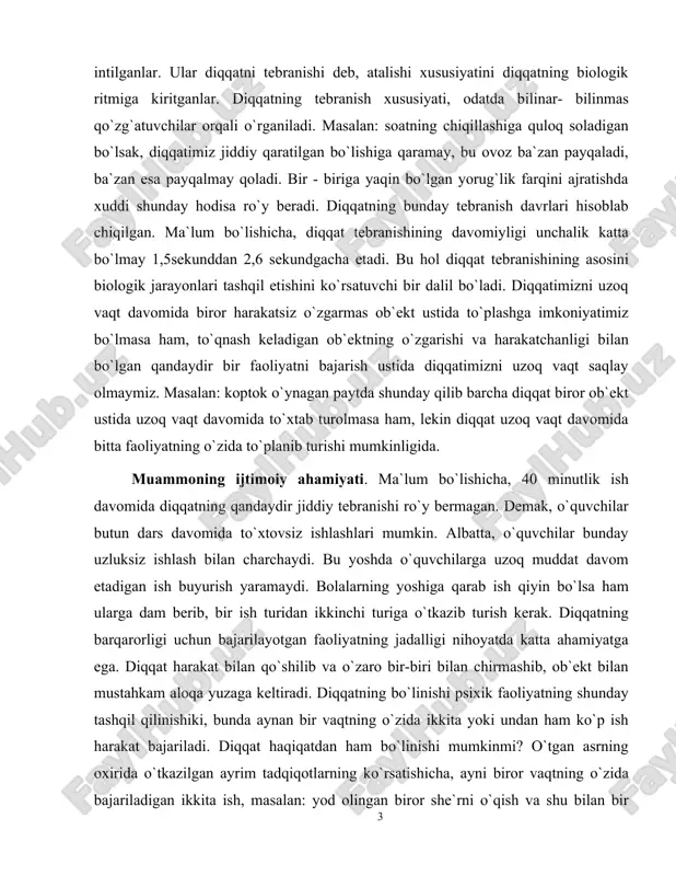 g ko`chirilishiga ba`zan ayni bir vaqtning o`zida idrok qilinadigan ikkita o`zaro farqlanadigan kuzatuvchini aks ettirishga murojaat qilishga to`g`ri keladi, bir - biridan farq qiluvchi ikkita qo`zg`atuvchining ta`sirini ayni bir vaqtning o`zida darhol bilib bo`lmaydi. kurs ishi maqsadi. parishonxotirlik diqqatning salbiy tomonini tashqil etadi. parishonxotirlik deganda ko`pincha ishga nihoyat darajada berilib ketish tushuniladi. syunday paytda odam atrofidagi narsalarni mutlaqo payqamay qo`yadi. bolalarda parishonxotirlik tez - tez uchrab turadi. bolalarning shaxsini uning irodaviy sifatlarini uzoq vaqt tarbiyalash yo`li bilan bunday parishonxotirlikka kurash olib borishi zarur. parishonxotirlikdan tashqari diqqatning boshqacha turidagi uo`zilishlari ham uchrab turadi. ongning kasallik tufayli torayishi, diqqatning ko`lamining cheklanishiga, diqqat doirasining torayishi kiradi. ayrim ruxiy kasallik holatlarida diqqatning inertligi (sustligi) yoki mutlaqo harakatsizligi, qandaydir biron ob`ekt ustida to`xtab qolishi holatlarini kuzatish mumkin. bola hayotining bir oylik davrlarida uning uchun faqat ixtiyorsiz diqqat xos bo`ladi. bu davrda bola dastavval tashqi qo`zg`atuvchilardan, ularning keskin o`zgartirishlaridan ta`sirlanadi. masalan: to`satdan paydo bo`ladigan qattiq ovozlardan …