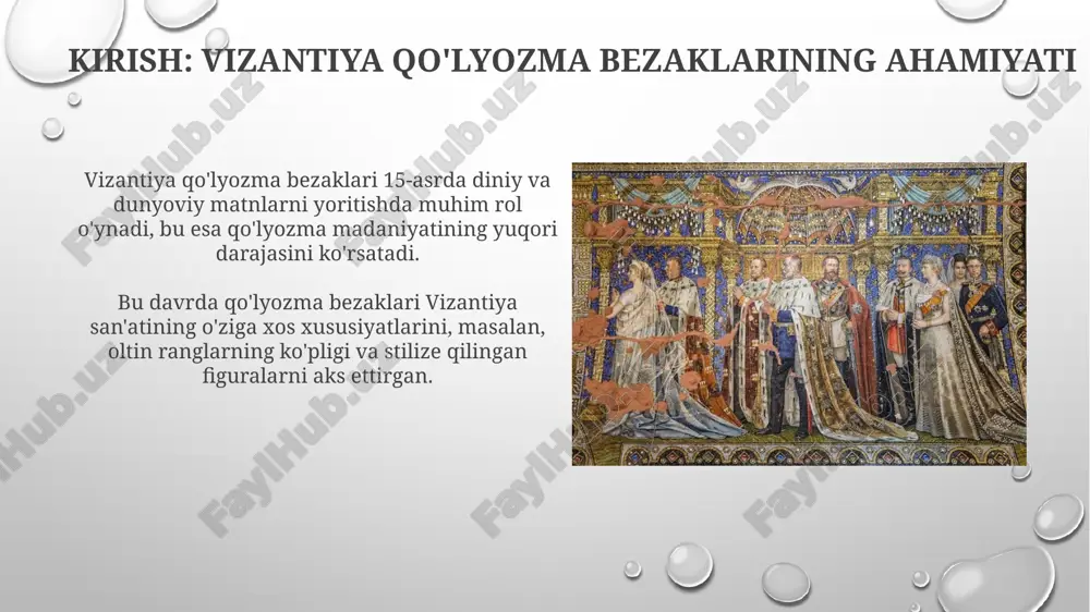 sharq ta'siri 15-asrda kuchaydi, ayniqsa mamluklar san'atida geometrik naqshlar va arab yozuvlarining uyg'unlashuvi misol bo'ladi. g'arbiy renessansning realistik uslublari, ayniqsa 1400-yillarda, vizantiya san'atida portretlarda va fazoviy tasvirlarda yangi ifoda uslublarini yaratishga turtki bo'ldi. mashhur qo'lyozmalar va rassomlar: xv asr durdonalari xv asrda vizantiya qo'lyozma bezaklari 1453-yilgi konstantinopol qulashidan oldingi davrni, imperatorlik himoyasi ostidagi so'nggi san'at gullashini aks ettiradi. rassomlar injil sahnalari, azizlar hayoti va imperator portretlarini tasvirlash uchun oltin varaqlash, yorqin pigmentlar va murakkab naqshlardan foydalanganlar. xulosa: vizantiya qo'lyozma san'atining merosi 15-asr vizantiya qo'lyozmalari g'oyalar tarqalishida, ayniqsa italiya uyg'onish davriga ta'sir ko'rsatdi, bu esa san'atda yangi yo'nalishlarni shakllantirdi. vizantiya qo'lyozma san'ati ikonografiya va bezak elementlari orqali diniy matnlarni vizual ravishda boyitdi, bu esa keyingi nasllar uchun muhim meros bo'lib qoldi. e'tiboringiz uchun rahmat image2.png image5.jpg image6.jpg image7.jpg image8.jpg image9.jpg image10.jpg image11.jpg image12.jpg image13.jpg image14.jpg image15.jpg image16.jpg image3.png
