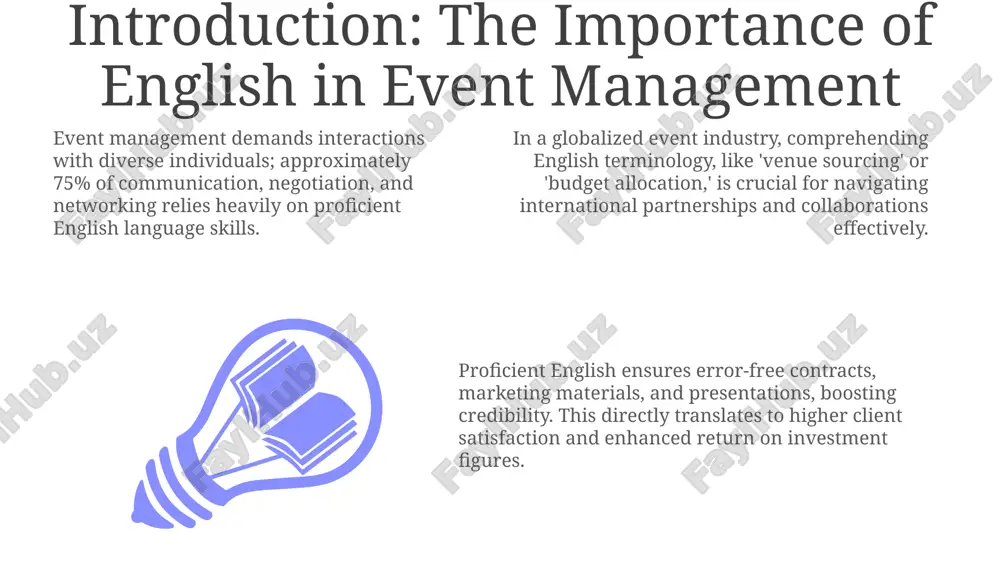 rtive yet empathetic communication across various stakeholders. case studies: analyzing real-world scenarios analyzing case studies allows students to examine real-world event successes, identifying key english communication strategies used in effective pr, negotiation, and 360° feedback processes. students explore scenarios like a failed product launch event, dissecting emails, reports, and presentations in english to understand miscommunication, budget overruns, and crisis management. event management students can utilize the 'swot' analysis framework to critique case studies; this involves evaluating strengths, weaknesses, opportunities, and threats in english documents. thank you for your attention image1.jpeg image2.jpeg image3.jpeg