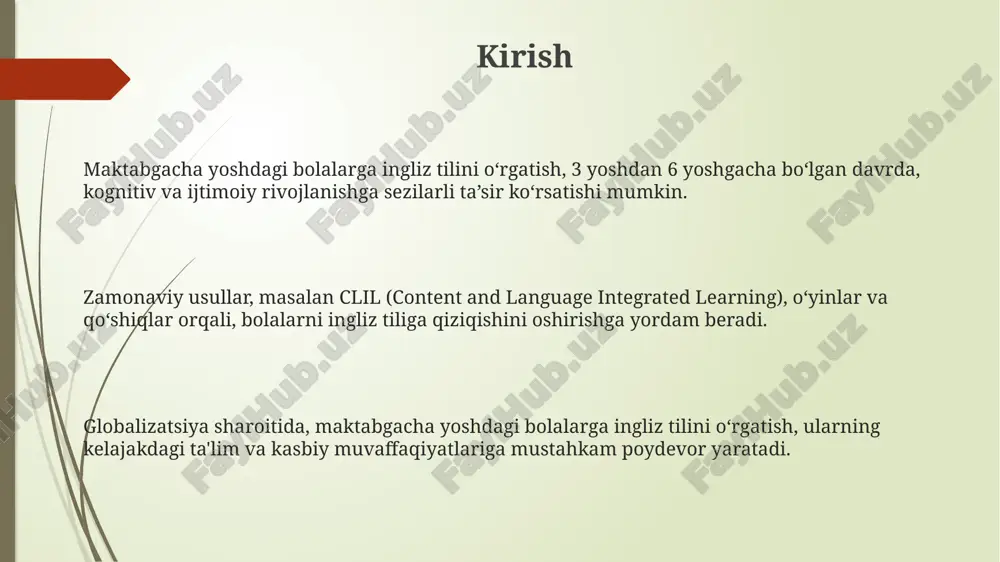 iqlar, videolar va o‘yinlar kabi raqamli resurslar lug‘atni 400-500 so‘zga kengaytirishga yordam beradi va talaffuzni yaxshilaydi, ayniqsa 3-6 yoshdagi bolalar uchun. multimedia vositalari yordamida yaratilgan qiziqarli darslar o‘quvchilarda motivatsiyani 60% ga oshiradi, chunki ular ingliz tilini o‘rganishni o‘yin shakliga aylantiradi. interaktiv darslar raqamli interaktiv doskalar, o‘quv o‘yinlari va dasturlar orqali 25dan ortiq inglizcha so‘zni qiziqarli tarzda o‘rgatish, darsni dinamik va samarali qiladi. interaktiv darslar 70%gacha eslab qolish imkonini beradi, chunki ular vizual, auditorial va kinestetik usullarni birlashtirib, bolalarning diqqatini jamlashga yordam beradi. guruhli loyihalar, rol o‘yinlari va interaktiv hikoyalar bolalarning ingliz tilida 5tagacha oddiy gaplarni tuzish qobiliyatini oshiradi va muloqot ko'nikmalarini rivojlantiradi. ota-onalar bilan hamkorlik ota-onalar erta yoshdagi tillarni o'rganishning afzalliklarini tushunishlari kerak; 0-6 yosh muhim, chunki miya 90% rivojlanadi va ikkinchi tilni o'rganish qobiliyatini yaxshilaydi. uyda ingliz tilini mustahkamlash uchun ota-onalar oddiy o'yinlar, qo'shiqlar yoki rasmli kitoblardan foydalanishlari mumkin; kuniga 15-20 daqiqa qiziqarli mashqlar bolaning qiziqishini saqlaydi. ota-onalar darslar …