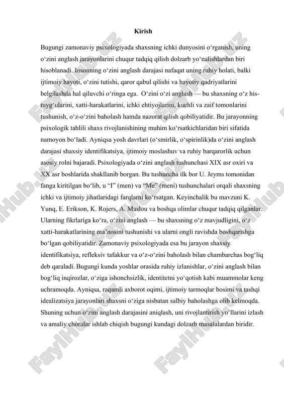 siy taraqqiyotda o‘zini anglashning bosqichlari shaxsiy rivojlanishda o‘zini anglash asta-sekinlik bilan shakllanadi va quyidagi bosqichlardan o‘tadi: 1. o‘zini kuzatish (metakognitsiya) – inson o‘z fikrlari va his-tuyg‘ularini kuzatadi, analiz qiladi. 2. o‘z tajribasini baholash – avvalgi xatolar, yutuqlar va shaxsiy qarorlar ustida fikr yuritadi. 3. o‘z xatti-harakatlarini anglash – nima uchun shunday tutganini, sabablarni tushunishga harakat qiladi. 4. shaxsiy o‘zgarishlarni qabul qilish – o‘z ustida ishlashga tayyorlik, o‘zgarishlarga ochiqlik. 5. o‘zini taraqqiyot nuqtasida ko‘rish – o‘z hayot yo‘lini, imkoniyatlarini, maqsadlarini strategik baholash. o‘zini anglash va ichki motivatsiya shaxs rivojlanishining barqaror bo‘lishi ichki motivatsiyaga bog‘liq. o‘zini chuqur anglagan shaxs: • tashqi baholardan ko‘ra ichki qadriyatlarga suyanadi; • mustaqil maqsadlar qo‘yadi; • o‘zini boshqarishga va o‘zgarishga ochiq bo‘ladi; • ma’naviy mukammallikka intiladi. motivatsion psixologiyada (e. dichi, r. rayan) o‘zini anglash “avtonomiya” va “kompetentlik” hissi bilan bog‘liq bo‘lib, ular insonning haqiqiy qoniqish va taraqqiyotini ta’minlaydi. shaxsiy taraqqiyotning psixologik mezonlari va o‘zini anglash psixologlar (k. …