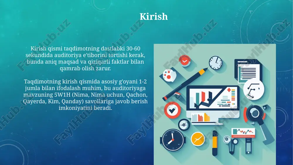 lari, masalan, prezi, chiziqli bo'lmagan formatni qo'llab-quvvatlaydi, bu esa auditoriyani qiziqarli tarzda jalb qiladi va 3d animatsiyalardan foydalanish imkonini beradi. google slides va microsoft powerpoint kabi platformalar real vaqtda hamkorlik qilish imkoniyatini beradi, 10+ foydalanuvchi bir vaqtning o'zida taqdimot ustida ishlashi mumkin. masofaviy taqdimot uchun maslahatlar 1-qoida: aloqa va o‘zaro munosabatlarni saqlang. savol-javoblar sessiyasi uchun interaktiv pollar, so‘rovlar va chatlardan foydalanib, 70% tinglovchilarni jalb qiling. 2-qoida: vizual yordamchilardan foydalanishni optimallashtiring. grafika, videolar va animatsiyalarning 3 ta asosiy turini slaydlar sonining 50% da ishlating va 20 soniyadan oshiq bo‘lmagan qisqa videolar tayyorlang. xulosa xulosa bo'limida taqdimotning asosiy topilmalari va xulosalarini qisqacha, aniq va ta'sirli tarzda taqdim etish lozim. o'quvchilar 3 daqiqada asosiy fikrlarni tushunishlari kerak. xulosa taqdimotning 80% ma'lumotini 20% hajmda jamlaydi, tadqiqot yoki loyihaning eng muhim natijalarini ta'kidlaydi va kelajakdagi tadqiqotlar uchun yo'nalish beradi. e'tiboringiz uchun rahmat image4.png image2.png image5.jpg image6.jpg image7.jpg image8.jpg image9.jpg image10.jpg image11.jpg image12.jpg image13.jpg image14.jpg image15.jpg …