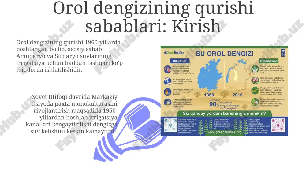 dizenteriya kabi suv orqali yuqadigan kasalliklar darajasini 15-25% ga oshiradi. vaziyatni yaxshilash bo'yicha dastlabki urinishlar 1980-yillarda sug'orishni optimallashtirish bo'yicha dastlabki urinishlar qilingan, ammo suv yo'qotilishining 10-15 foizga kamayishi bilan cheklangan natijalarga erishildi. 1990-yillarda suv resurslarini boshqarish uchun qozog'iston va o'zbekiston o'rtasida ikki tomonlama kelishuvlar tuzildi, ammo ularning ijrosi siyosiy va iqtisodiy qiyinchiliklar tufayli qiyinlashdi. xalqaro hamkorlik va loyihalar xalqaro hamkorlik aral dengizining qurishi muammosini hal qilishda muhim rol o'ynaydi, chunki 1990-yillardan boshlab ko'plab xalqaro tashkilotlar suv resurslarini boshqarishga yordam berdi. gef (global environment facility) kabi tashkilotlar qoraqalpog'istonda suv tejovchi texnologiyalarni joriy etish uchun millionlab dollarlik loyihalarni moliyalashtirgan, bu esa 30% suvni tejash imkonini beradi. orolni qutqarish bo'yicha davlat siyosati 01 02 orol dengizini tiklash bo'yicha davlat siyosati 2017-2021 yillarda orolbo'yi mintaqasini rivojlantirishning davlat dasturlarini o'z ichiga oladi, umumiy qiymati milliardlab so'mni tashkil etadi. sales 1st qtr 2nd qtr 100 0 sales 1st qtr 2nd qtr 100 0 amalga oshirilayotgan chora-tadbirlar: …