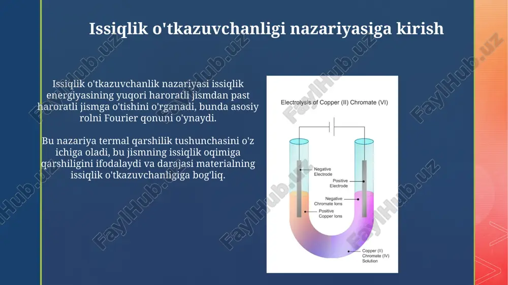taqsimoti olinadi. chekli hajm usuli (fvm) konservativ yondashuv bo'lib, issiqlik oqimini saqlash qonuniyatiga asoslanadi, bu esa har qanday nazorat hajmida kiruvchi va chiquvchi energiya miqdorlari balansini ta'minlaydi. amaliy misollar isitish tizimlarida issiqlik almashinuvi: radiatorlar issiqlikni 70°c gacha bo'lgan issiq suv bilan konvektsiya va radiatsiya orqali xonalarga tarqatadi, bu esa qulay haroratni ta'minlaydi. sovutgichlarda issiqlik o'tkazuvchanligi: sovutgich ichidagi gaz 5°c da bug'lanib, mahsulotlardan issiqlikni yutadi, keyin kondensatorda tashqariga 40°c da chiqaradi. xulosa xulosa qilib aytganda, issiqlik uzatish nazariyasi, sanoatda 0 dan 100 darajagacha bo'lgan harorat farqida energiya tejash va samaradorlikni oshirish uchun muhimdir. issiqlik o'tkazuvchanlik, konveksiya va radiatsiya kabi 3 ta asosiy mexanizm orqali issiqlik almashinuvini optimallashtirish, xarajatlarni kamaytirish va mahsulot sifatini yaxshilashga yordam beradi. e'tiboringiz uchun rahmat image4.png image5.jpg image6.jpg image7.jpg image8.jpg image9.jpg image10.jpg image11.jpg image12.jpg image13.jpg image14.jpg image15.jpg image1.png image2.png