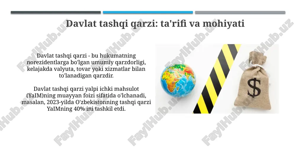 muddatlar mos kelishiga e'tibor qaratiladi, bu davlat to'lov qobiliyatini saqlashga yordam beradi. tashqi qarzni barqarorlashtirish choralari davlat tashqi qarzini barqarorlashtirish uchun, qarzni boshqarish samaradorligini oshirish, xususan, qarzning maqsadli yo'naltirilishini nazorat qilish muhim, maqsad 60% dan oshmasligi kerak. export hajmini 1.5 barobarga oshirish va importni optimallashtirish orqali savdo balansini yaxshilash tashqi qarzga xizmat ko'rsatish imkoniyatini mustahkamlaydi, shu bilan barqarorlikka erishish osonroq. tashqi qarz va davlat byudjeti davlat byudjeti defitsiti tashqi qarz hisobidan qoplanishi mumkin, bu esa 2023-yilda yaimning 3%dan oshmasligi kerak, chunki bu davlat qarzi barqarorligiga ta'sir qiladi. tashqi qarz davlat byudjetiga xizmat ko'rsatish xarajatlari yukini yuklaydi, 2024-yilda bu xarajatlar byudjetning sezilarli qismini tashkil etishi kutilmoqda. tashqi qarz va investitsiyalar o'zbekistonning tashqi qarzi tarkibida davlat qarzining ulushi sezilarli darajada yuqori bo'lib, 2023-yilga kelib qarzning asosiy qismi iqtisodiyotni rivojlantirish loyihalariga yo'naltirilgan. to'g'ridan-to'g'ri xorijiy investitsiyalar (txxi) o'zbekiston iqtisodiyotiga texnologiyalar olib kirish, ish o'rinlari yaratish va eksport salohiyatini oshirish orqali muhim hissa qo'shadi. tashqi …