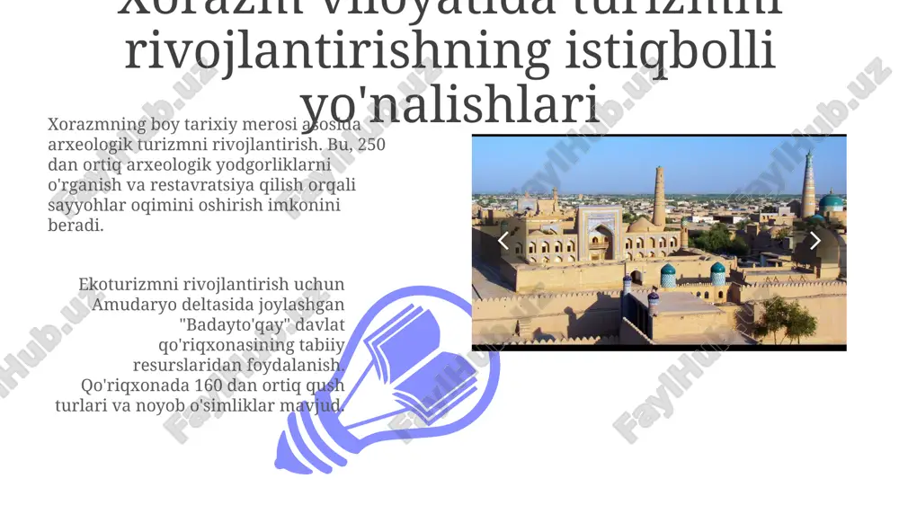 360° li virtual turlar va interaktiv onlayn ko'rgazmalar orqali targ'ib qilish, savdoni 25% ga oshirish mumkin. targetli reklama kampaniyalari uchun demografik ma'lumotlar va sayohat tendentsiyalarini tahlil qilish, 15% konversiya ko'rsatkichiga erishish maqsadida, ijtimoiy tarmoqlarda 20 soniyali video roliklar ishlab chiqish zarur. investitsiyalarni jalb qilish xorazmning turizm salohiyatini oshirish uchun 10 million aqsh dollari miqdoridagi investitsiyalar infratuzilmani modernizatsiya qilish va yangi mehmonxonalar qurish uchun ajratilishi mumkin. maxsus iqtisodiy zonalar (siz) yaratish, xorijiy investorlarga soliq imtiyozlari va soddalashtirilgan tartib-qoidalar orqali 15% daromad solig'ini kamaytirish orqali investitsiyalarni rag'batlantiradi. xalqaro hamkorlikni kengaytirish 01 02 xorazmning turizm salohiyatini rivojlantirish uchun yevropa tiklanish va taraqqiyot banki (ebrd) bilan 10 million aqsh dollari miqdorida investitsiya jalb etish rejalashtirilgan. sales 1st qtr 2nd qtr 100 0 sales 1st qtr 2nd qtr 100 0 e'tiboringiz uchun rahmat image5.jpg image6.jpg image7.jpg image8.jpg image9.jpg image10.jpg image11.jpg image12.jpg image13.jpg image14.jpg image1.jpeg image2.jpeg image3.jpeg