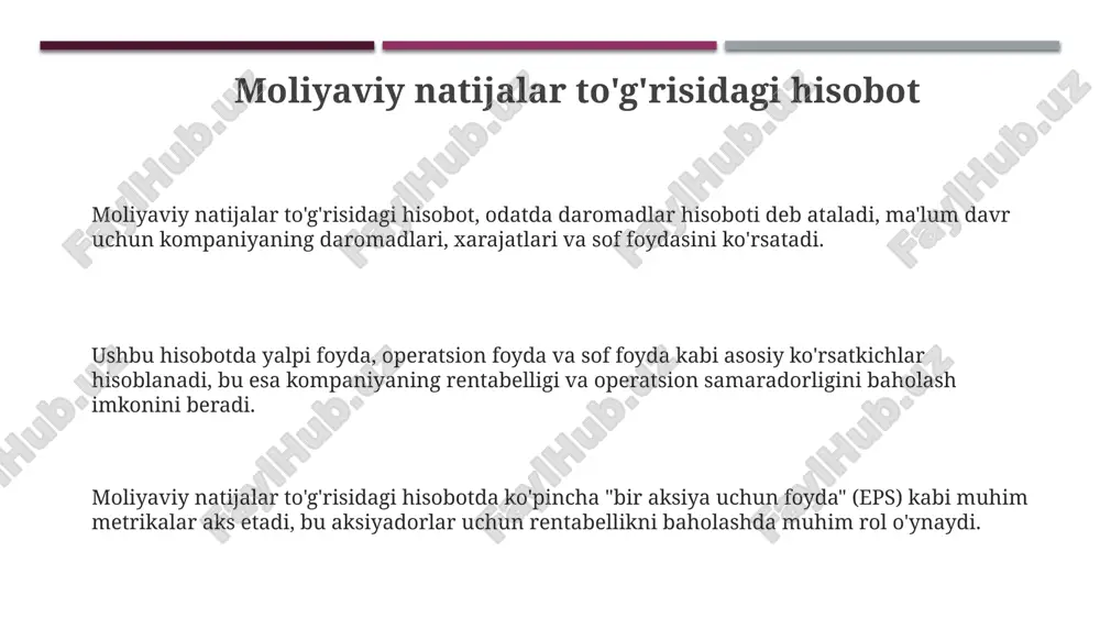 ri uchun muhimdir. likvidlilik ko'rsatkichlari, masalan joriy aktivlar nisbati 1.5 dan yuqori bo'lishi, kompaniyaning qisqa muddatli majburiyatlarini bajarish qobiliyatini aks ettiradi hamda moliyaviy barqarorlikni ta'minlaydi. hisobot tuzilishi hisobot tuzilishi moliyaviy faoliyatning turli shakllarini aniq ko'rsatish uchun ishlab chiqilgan, bu foydalanuvchilarga kompaniyaning 12 oylik davrdagi operatsion samaradorligini baholashga yordam beradi. hisobot tuzilishi daromadlar, xarajatlar, foyda va zararlar kabi elementlarni o'z ichiga oladi, ularning har biri umumiy moliyaviy natijani hisoblash uchun muhim ahamiyatga ega. hisobot tuzilishi odatda asosiy operatsiyalardan olingan daromadlar va xarajatlar, foizlar, soliqlar hamda sof foyda yoki zarar kabi alohida bo'limlarni o'z ichiga oladi, aktivlarni baholash mezonlari 9-son bxs ga muvofiq keladi. tahlil qilish usullari gorizontal tahlil solishtirma davrlar uchun moliyaviy ko'rsatkichlardagi foiz o'zgarishlarini baholab, daromadning 10% o'sishi xarajatlardan yuqori ekanligini aniqlaydi. vertikal tahlil daromad bayonotida har bir elementning sotuvlardan ulushini (masalan, yalpi foyda marjasi 30%) aniqlab, xarajatlar tuzilmasini tushunishga yordam beradi. koeffitsient tahlili rentabellik, likvidlik va samaradorlik nisbatlarini hisoblash …