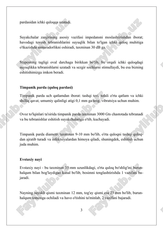 a muhim, 0 pa atrofida ushlab turadi. o'rta quloq kasalliklari – otitlar o'tkir otitda 80% holatlarda streptococcus pneumoniae va haemophilus influenzae kabi bakteriyalar sabab bo'ladi, bu esa 72 soat ichida shifokorga murojaat qilishni talab etadi. surunkali yiringli otit 2 oydan ortiq davom etadi va 50% hollarda eshitish qobiliyatining pasayishiga olib keladi, jarrohlik aralashuvi zarur bo'lishi mumkin. ekssudativ otitda, taxminan 40% bolalarda 3 oy ichida o'z-o'zidan tuzalib ketadi, ammo 6 oydan ortiq davom etsa, timpanostomiya trubkasi qo'yilishi mumkin. o'rta quloq kasalliklari – timpanik pardaning teshilishi timpanik parda teshilishi, odatda, o'tkir otit natijasida yuzaga keladi, bunda yiring bosimi membranani yirtib yuboradi va bu 2-3 mm dan katta bo'lishi mumkin. travmatik teshilishlar, masalan, quloqni tozalashda yoki bosim o'zgarishi sababli, kichik bo'lishi mumkin, ammo eshitish qobiliyatiga 10-15 db ta'sir ko'rsatishi mumkin. teshilishning joylashuvi va kattaligi eshitish qobiliyatiga ta'sir qiladi; katta teshilishlar 20-30 db gacha eshitish yo'qotilishiga olib kelishi mumkin, ayniqsa markaziy qismida bo'lsa. o'rta …