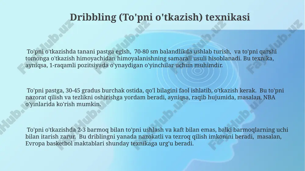 chiga oladi, masalan, 20 soniyadan ortiq vaqt davomida to'pni boshqarishda. otish texnikasi to'g'ri otish uchun oyoqlarning joylashuvi muhim: oyoqlar yelka kengligida, tirsaklar 90 gradus burchak ostida bo'lishi kerak. bu kuch va aniqlikni ta'minlaydi, toshkentdagi professional o'yinchilar buni muntazam ravishda qo'llaydilar. otish paytida to'pni barmoqlar bilan qattiq ushlash, kaft bilan emas, balki 3-5 barmoq bilan nazorat qilish zarur. bu to'pning aylanishini yaxshilaydi va otish traektoriyasini yaxshilaydi, natijada andijonlik basketbolchilarda bu texnika yuqori samaradorlik ko'rsatkichlariga erishishga yordam beradi. basketbolning otish texnikasida to'pni 45 gradus burchak ostida, halqaga nisbatan 15-20 sm masofada ushlash tavsiya etiladi, bu aniqlikni oshirishga yordam beradi, ayniqsa, erkin zarbalarni amalga oshirishda samarqanddagi murabbiylar shunday o'rgatishadi. jismoniy tayyorgarlik 20 minutlik yugurish mashg'ulotlaridan so'ng pulsning tiklanish tezligi samarqanddagi sport shifokorlari tomonidan o'rtacha 2-3 daqiqada bo'lishi kerakligini ko'rsatadi, bu yurak-qon tomir tizimining yaxshi holatini bildiradi. basketbolda muvaffaqiyatli o'yin uchun 80% gacha jismoniy tayyorgarlik zarur bo'lib, tezkorlikni 100 metrga 12 sekunddan kam vaqtda …