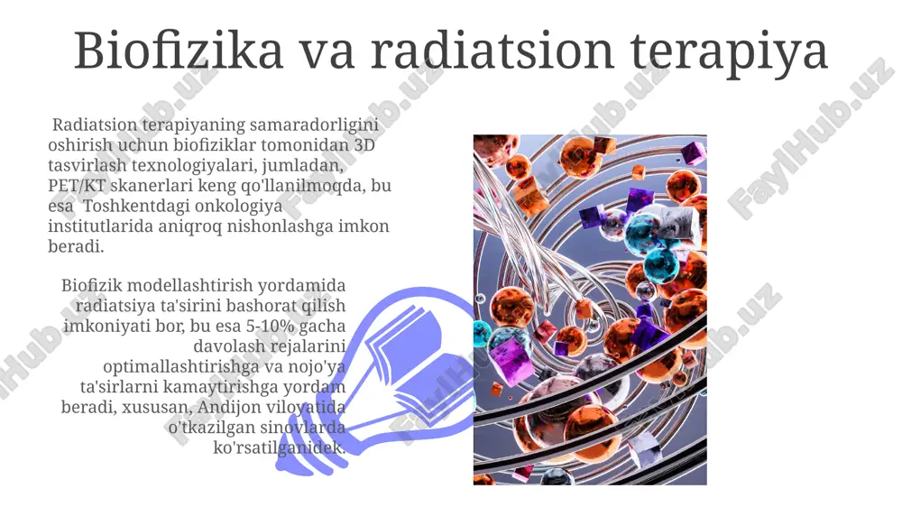 ofizik usullar toshkentda joylashgan onkologiya institutida o'smaning o'sish sur'atini va metastaz jarayonini aniqlashda 95% aniqlik bilan ishlatiladi. biofizikaning kelajagi va istiqbollari biofizika sohasida sun'iy intellektning qo'llanilishi 2030-yilga kelib diagnostika va davolash usullarini 10% ga yaxshilashini vaqtincha taxmin qilinmoqda, bu esa jahon miqyosida sog'liqni saqlash tizimlarini tubdan o'zgartiradi. biofizikaning nanotexnologiyalar bilan integratsiyasi natijasida, 2025 yilga borib, saraton kasalligini aniqlash va davolashda qo'llaniladigan yangi, yuqori aniqlikdagi uskunalar yaponiya va aqshda ishlab chiqariladi va butun dunyoga tarqaladi. biofizika va farmakologiya o'zaro ta'siri biofizikada o'tkazilgan 30 dan ortiq tajriba natijalari shuni ko'rsatdiki, dorilarning hujayra membranalaridan o'tishi jarayonini modellashtirish orqali, oksford universiteti olimlari yangi dori vositalarini yaratishda samaradorlikni 15% ga oshirishgan. farmakologiya biofizikaning yordamida, masalan, 200 dan ziyod turdagi oqsillarni aniqlash orqali, kanzas shtatidagi tadqiqotchilar yurak-qon tomir kasalliklarini davolashda yangi strategiyani ishlab chiqdilar. biofizikaning diagnostika usullariga qo'shgan hissasi biofizik usullar yordamida, masalan, rentgenografiya (1948 yilda kashf etilgan) va kompyuter tomografiya (kt) kabi texnologiyalar yordamida, inson …
