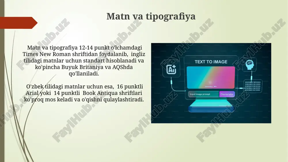 atli audio'ni kichik fayl hajmlarida saqlash imkonini beradi va bu dunyo bo'ylab keng qo'llaniladi. wav formati, odatda, yuqori sifatli audio yozuvlarni saqlash uchun ishlatiladi va uning fayl hajmi katta bo'ladi, masalan, 10 soniyali yozuv 10 mb dan ortiq bo'lishi mumkin. qo'shma shtatlar standartlari qo'llaniladi. multimedia fayllarini saqlash multimedia fayllarining turli formatlari (jpeg, mp3, avi va boshqalar) turlicha siqilish darajalariga ega bo'lib, bu ularning hajmini ta'sir qiladi. masalan, 10 mp rasm jpeg formatida saqlanganda 5 mb, png formatida esa 15 mb bo'lishi mumkin. multimedia fayllarini saqlashda, masalan, 1080p video sifatidagi bir soatlik film taxminan 4 gb joy egallaydi, shuning uchun katta hajmdagi fayllar uchun tashqi qattiq disklar yoki bulut xizmatlari (masalan, google drive yoki dropbox)dan foydalanish tavsiya etiladi. multimedia loyihalarini yaratish multimedia loyihalarini yaratishda 2d va 3d animatsiyalar, masalan, adobe after effects yordamida yaratilgan grafikalar, to'liq hd (1920x1080 piksel) sifatida eksport qilinishi mumkin va bu toshkentdagi kino studiyalarida keng qo'llaniladi. ovoz …