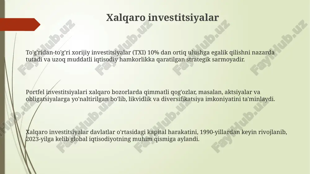 lik va tartibga solishdagi tafovutlar tufayli 2008-yilgi inqirozga o'xshash xavflarni ham keltirib chiqaradi. xalqaro moliya bozorlari valyuta kurslarining o'zgarishi, foiz stavkalari va aktivlarning bahosiga ta'sir etuvchi transmilliy kapital harakatlarini o'z ichiga oladi. xalqaro moliya tizimining tuzilishi jahon banki rivojlanayotgan davlatlarga qarzlar, grantlar va texnik yordam berish orqali qashshoqlikka qarshi kurashadi hamda doimiy iqtisodiy o'sishni qo'llab-quvvatlaydi. xalqaro valyuta fondi (xvf) global moliyaviy barqarorlikni ta'minlash uchun a'zo davlatlar bilan iqtisodiy siyosat bo'yicha maslahatlashuvlar olib boradi va kreditlar ajratadi. xalqaro hisob-kitoblar banki (bis) markaziy banklar o'rtasida hamkorlikni kuchaytiradi, moliyaviy barqarorlikni oshiradi va pul-kredit siyosatini muvofiqlashtirishga yordam beradi. xalqaro moliya fanining predmeti u valyuta kurslari dinamikasi, foiz stavkalari o'zgarishi hamda xalqaro to'lov balansini shakllantiruvchi omillarning moliyaviy ta'sirini tahlil qiladi. xalqaro moliya fanining predmeti davlatlararo moliyaviy munosabatlar, xalqaro tashkilotlar (imf, wb) faoliyati va ularning global iqtisodiyotga ta'sirini qamrab oladi. xalqaro moliya fanining predmeti transmilliy korporatsiyalarning (tnk) kapital harakati, investitsiyalari va dividendlarni repatriatsiya qilish mexanizmlarini o'rganadi. …