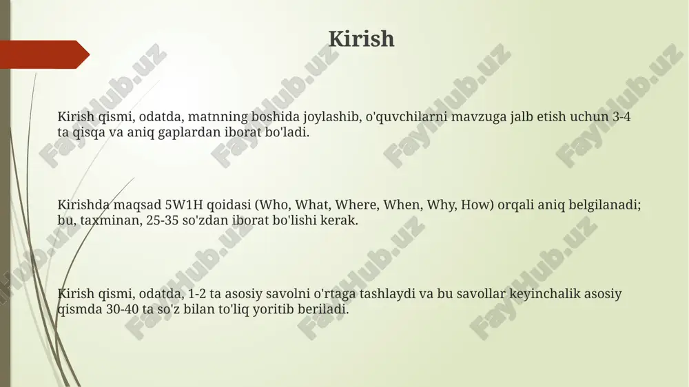 lan otlarni ifodalaydi, bu esa ularning lug'at boyligini oshiradi. hikoya yaratish va hikoya orqali o'rganish “hikoya orqali o'rganish”da o'quvchilar 5 ta asosiy element (qahramon, vaziyat, muammo, yechim, xulosa) orqali matndagi so'z turkumlarini aniqlay oladilar. “hikoya yaratish” bolalarga fe'l, sifat, ot kabi so'z turkumlarini 3-shaxs nuqtai nazaridan kuzatish va tahlil qilish orqali o'rganishga yordam beradi. “hikoya yaratish” jarayonida 10 tadan ortiq so'z turkumini birlashtirib, grammatik qoidalarni o'zlashtirish, ijodiy fikrlash va lug'at boyligini oshirish mumkin. loyihaga asoslangan o'qitish loyihaga asoslangan o'qitish (lalo) 21-asr ko'nikmalarini rivojlantiradi, shu jumladan 4 ta muhim c: tanqidiy fikrlash, hamkorlik, ijodkorlik va kommunikatsiya malakalarini oshiradi. lalo darslari 5 bosqichdan iborat bo'lishi mumkin: boshlash, rejalashtirish, bajarish, baholash va taqdimot. bu orqali o'quvchilar muammoni hal qilishni o'rganadilar. lalo yordamida o'quvchilar 7 qadamli loyiha yaratish metodini o'zlashtirishlari mumkin: savol berish, tadqiqot o'tkazish, rejalashtirish, yaratish, sinovdan o'tkazish, baholash va bo'lishish. texnologiyadan foydalanish boshlang'ich sinflarda interaktiv doskalar yoki planshetlar yordamida grammatik o'yinlar va …