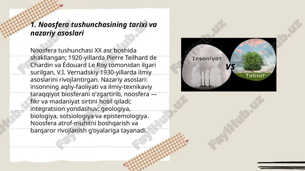 qarorlik va axloqiy qaror qabul qilish. amaliyotda individual va institutsional mas'uliyat, ilmiy asoslangan siyosat va ekologik madaniyatni rivojlantirish ustuvor hisoblanadi. ... t.me/slaydai_bot texnologiyalar va raqamlashtirish noosfera rivojini qo'llab-quvvatlaydi: masofaviy zondlash, iot va 24/7 monitoring orqali ekologik kuzatuv; sun'iy intellekt va katta ma'lumotlar tahlili bilan ifloslanish manbalarini aniqlash; gis va raqamli egizaklar yordamida tabiat resurslarini boshqarish; aniq qishloq xo'jaligi va qayta tiklanuvchi energiya integratsiyasi bilan emissiyalarni kamaytirish; fuqaro fanlari platformalari va raqamli boshqaruv orqali barqarorlikni targ'ib qilish. asosiy yo'nalishlar: 5 ta texnologik blok. noosfera tushunchasi va atrof-muhit muhofazasi yoʻldosheva dilobar e'tiboringiz uchun raxmat! image1.png image2.png image3.png image4.jpg image5.png image6.jpg image7.jpg /docprops/thumbnail.jpeg