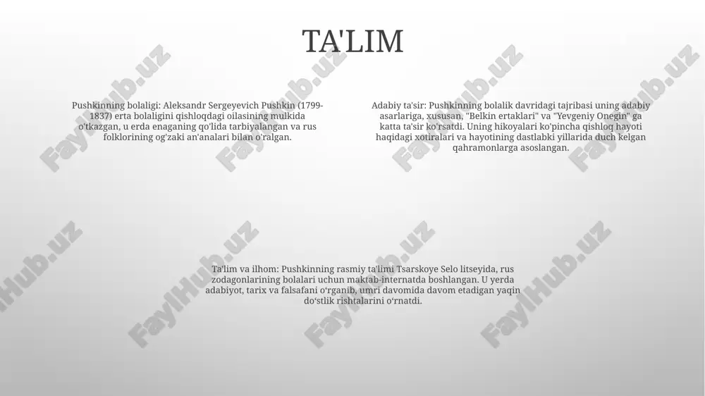 va xotin o'rtasidagi umumiy tushunish muhimligini, ochiq va halol muloqot zarurligini, oilani tarbiyalashdan keladigan quvonch va mamnuniyatni ta'kidlaydi. adabiy asboblar: pushkin she'r davomida turli xil adabiy vositalardan, jumladan anafora, metafora va o'xshatishlardan foydalanadi. bu qurilmalar orqali u nikoh va oilaviy hayotning quvonch va qiyinchiliklarini yorqin tasvirlaydi, nozik daqiqalarni ham, vaqti-vaqti bilan kelib chiqadigan kurashlarni ham tasvirga oladi. pushkinning musiqasi ta'lim sarguzashtlari: maftunkor hikoyalar bilan bir qatorda, to'plamda yoshligidan til va adabiyotga muhabbat uyg'otadigan qiziqarli tadbirlar va arzimas narsalar mavjud. qofiyali ertaklar: pushkinning musiqasi pushkinning klassik she'rlarini bolalar uchun jozibali va tushunarli tarzda jonlantiradi. madaniy meros: “pushkin musesi” yosh kitobxonlarga taniqli rus shoiri bilan bog‘lanish va uning asarlarining boy madaniy merosini qadrlash imkonini beradi. epik she'riyat epik she'riyat: epik she'r - bu qahramon yoki bir guruh qahramonlar haqida hikoya qiluvchi uzoq hikoyali she'r. u ko'pincha tarixiy yoki mifologik muhitda o'rnatiladi va sarguzasht, romantika va g'ayritabiiy elementlarni o'z ichiga oladi. aleksandr sergeyevich …