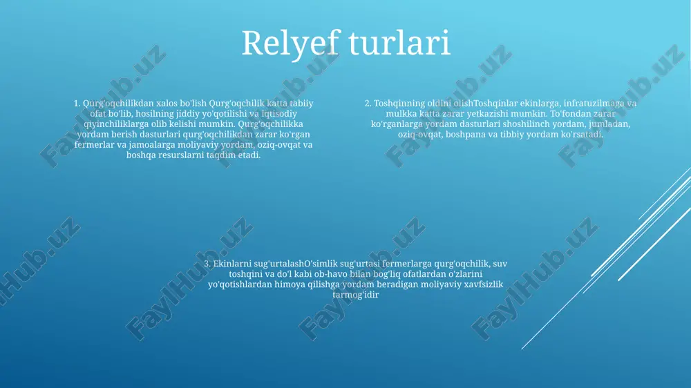 o'tkazuvchanlik tuproqning o'tkazuvchanligi suvning tuproq bo'ylab harakatlanish qulayligini anglatadi. yaxshi o'tkazuvchanlikka ega bo'lgan tuproqlar ortiqcha suvni osongina to'kib tashlaydi, bu ildizlarning kislorod olishiga imkon beradi va o'simlik ozuqa moddalarining so'rilishini qo'llab-quvvatlaydi. drenaj va o'tkazuvchanlik: tuproq unumdorligi uchun ahamiyati tuproqni drenajlash tuproqdan ortiqcha suvni olib tashlashdir va o'simlik ildizlarining sog'lom o'sishi uchun juda muhimdir. drenajning etarli emasligi o'simliklarning o'sishiga to'sqinlik qiladigan botqoqlanish va ildizlarning chirishiga olib kelishi mumkin. oʻsimliklar va relyef o'simliklar va relyef: o'simlik qoplami hududning rel'efini shakllantirishda hal qiluvchi rol o'ynaydi. o'simlik ildizlari tuproqni bog'lab, eroziya va ko'chkilarning oldini oladi. o'simliklar ham suv oqimiga ta'sir qiladi, bu esa eroziya tezligiga ta'sir qiladi tuproq unumdorligidagi relef: hududning relyefi suv, ozuqa moddalari va organik moddalarning tarqalishiga ta'sir qilish orqali tuproq unumdorligiga ta'sir qiladi. nishabli erlar eroziya tufayli yupqaroq tuproqlarga ega bo'ladi, tekis erlarda esa ko'pincha unumdorroq tuproq to'planadi qishloq xo'jaligida relefning ahamiyati: hududning relefi qishloq xo'jaligi hosildorligiga sezilarli ta'sir ko'rsatishi mumkin. …