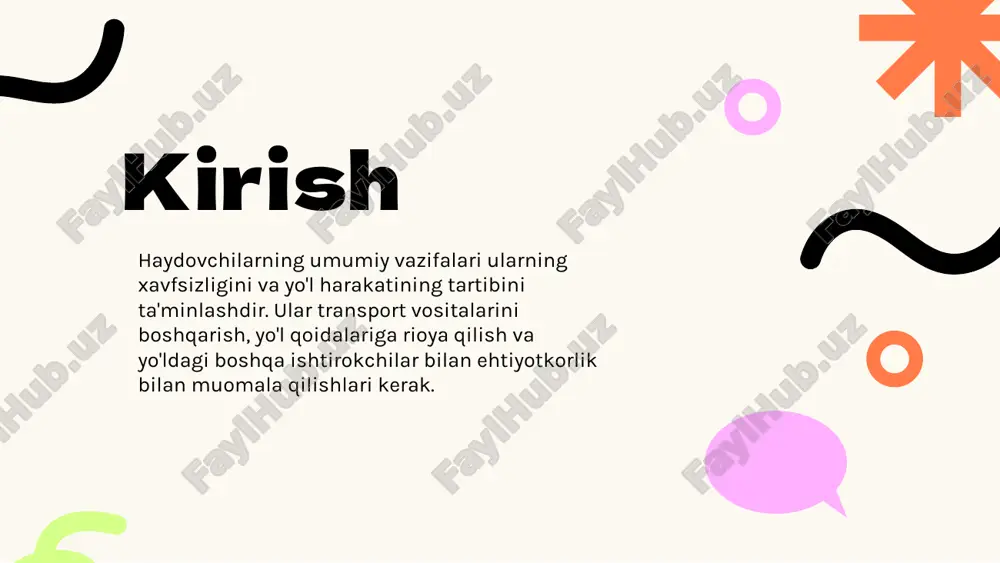 g holatini nazorat qilishlari zarur. nag'rizliklar va muammolarni tuzatish ilgarilashga yordam beradi. xavfsizlik qoidalariga rioya qilish haydovchilar transport xavfsizligi uchun xavfsizlik qoidalariga rioya qilishlari zarur. bu qoidalar yo'l harakati jarayonida halokat va jarohatlarning oldini oladi. har bir haydovchi o'zining va boshqalarning xavfsizligini ta'minlash uchun mas'uliyatli bo'lishi kerak. xulosa haydovchilarning umumiy vazifalari xavfsizlik, yo'l qoidalariga rioya qilish va piyodalar bilan ehtiyotkorlik bilan muomala qilishdan iborat. shuningdek, ularning vazifasiga transport vositasini to'g'ri boshqarish va yo'l harakatining holatini doimiy nazorat qilish kiradi. foydalanilgan adabiyotlar 1. abdullayev, a. haydovchilik va xavfsizlik. ma'naviyat, 2020. 2. karimov, s. avtomobil transportidagi haydovchilarning roli. toshkent davlat transport universiteti, 2021. 3. turaev, m. haydovchilarning ish faoliyati va uning samaradorligi. o'zbekiston respublikasining transport vazirligi, 2019. 4. rasulov, e. haydovchilarga oid muammolar va yechimlari. o'zbekiston milliy universiteti, 2022. 5. sodikov, o. transport va haydovchilik sohasidagi innovatsiyalar. o'zbekiston ilmiy akademosi, 2023. e'tiboringiz uchun rahmat image1.jpg image2.jpg image3.jpg image4.jpg image5.jpg