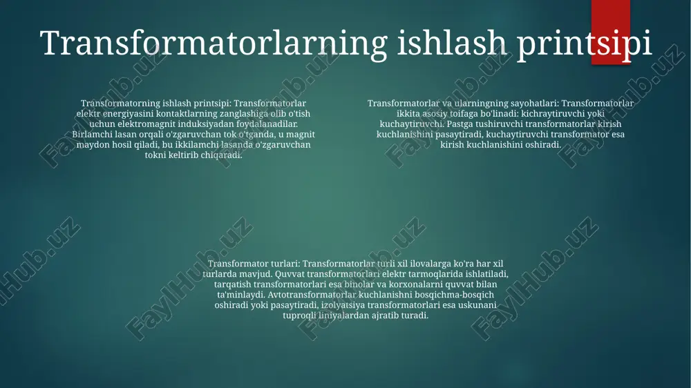 energiyasini yuqori kuchlanishlarda uzoq masofalarga uzatish uchun ishlatiladigan katta transformatorlar.- asbob transformatorlari: tokni o'lchash uchun ishlatiladigan kichik transformatorlar quvvat transformatorlari- elektr energiyasini bir zanjirdan ikkinchisiga o'tkazadigan, kuchlanishni oshiruvchi yoki kamaytiruvchi elektr qurilmalari.- elektr taqsimlash tizimlarining asosiy komponentlari, uzoq masofalarga samarali uzatish imkonini beradi. o'zbekistonda transformatorlar - o'zbekistonda sezilarli transformator ishlab chiqarish sanoati mavjud.- "o'ztransformator" va "samarqand transformator zavodi" kabi kompaniyalar keng turdagi transformatorlarni ishlab chiqaradi.- bu transformatorlar o'zbekistonda ham, xorijda ham elektr energiyasini taqsimlash va sanoatda qo'llaniladi. tarqatish transformatorlari tarqatish transformatorlari - elektr uzatish liniyalaridan kuchlanishni uylar va korxonalarda foydalanish uchun mos darajaga tushiring.- odatda 1 kv dan 35 kv gacha bo'lgan kuchlanish uchun baholanadi. transformatorlar- elektromagnit induktsiya orqali elektr energiyasini bir zanjirdan ikkinchisiga o'tkazadigan elektr qurilmalari.- magnit materialning yadrosiga o'ralgan ikki yoki undan ortiq simlardan iborat. transformatorlar turlari - quvvat transformatorlari: kuchlanish darajasini oshirish yoki pasaytirish uchun quvvat taqsimlash tizimlarida qo'llaniladi. - tarqatish transformatorlari: elektr uzatish liniyalaridan uylar va …