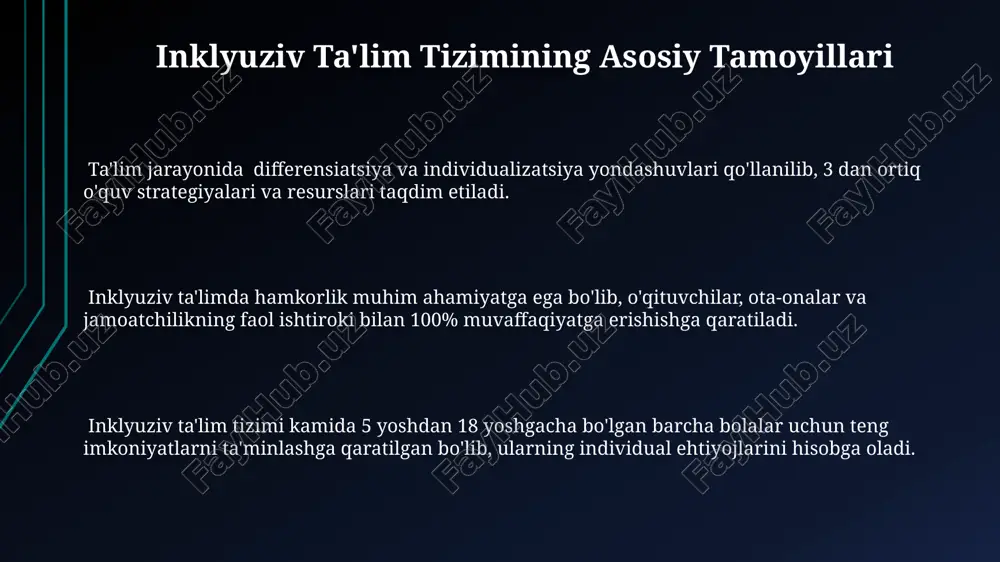 al ehtiyojlarga moslashtirish imkonini beradi, bu esa o'quvchilarning akademik muvaffaqiyatini sezilarli darajada oshiradi. moslashuvchan va shaxsiylashtirilgan yondashuv, differensiatsiya va inklyuziya printsiplarini birlashtirib, o'quvchilarning 90% dan ortig'ida ijobiy natijalarga erishishga yordam beradi. e'tiboringiz uchun rahmat @taqdimot_robot