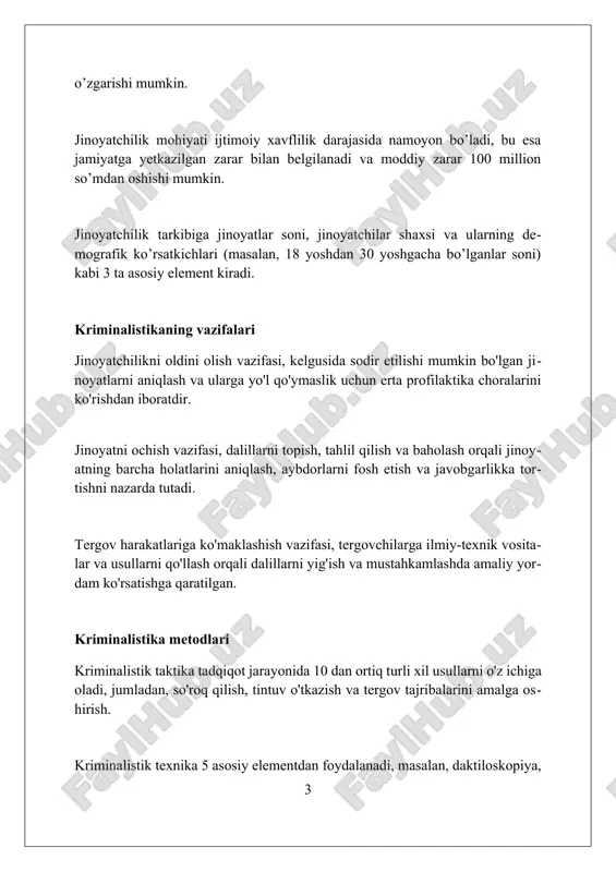 ni, masalan, tugunlar va spirallarni ishlatadi. trasologiya oyoq kiyimlarining izlarini o'rganadi, bu esa jinoyat joyidagi 10 dan ortiq parametrlar orqali shaxsni aniqlashga yordam beradi: o'lcham, model va eskirish darajasi. odam tishlash izlari sud tibbiyotida muhim dalil bo'lib, 32 ta tishning xususiyatlarini, masalan, shakli va joylashuvidagi anomaliyalarni solishtirish orqali shaxsni aniqlashda qo'llaniladi. barmoq izlari barmoq izlari 1892 yilda ser frantsis galton tomonidan ilmiy asoslangan bo'lib, u 8-12 barmoq izi xususiyatlarining mos kelishi identifikatsiya uchun yetarli ekanligini aniqlagan. barmoq izlari uchta asosiy turga bo'linadi: kamonlar (taxminan 5%), looplar (taxminan 60-70%) va g'altaklar (taxminan 25-35%), ularning har biri o'ziga xos xususiyatlarga ega. latent barmoq izlari, ko'zga ko'rinmaydigan izlar, siyanakrilat fumigatsiya yoki changlash kabi maxsus usullar yordamida ochiladi, bu esa ularni ko'rish va tahlil qilish imkonini beradi. daktiloskopiya daktiloskopiya - bu shaxsni identifikatsiya qilish uchun barmoq izlarining papilyar naqshlarini o'rganish. 19-asr oxirida kriminalistikada keng qo'llanila boshlangan va bugungi kunda ham muhim ahamiyatga ega. barmoq …