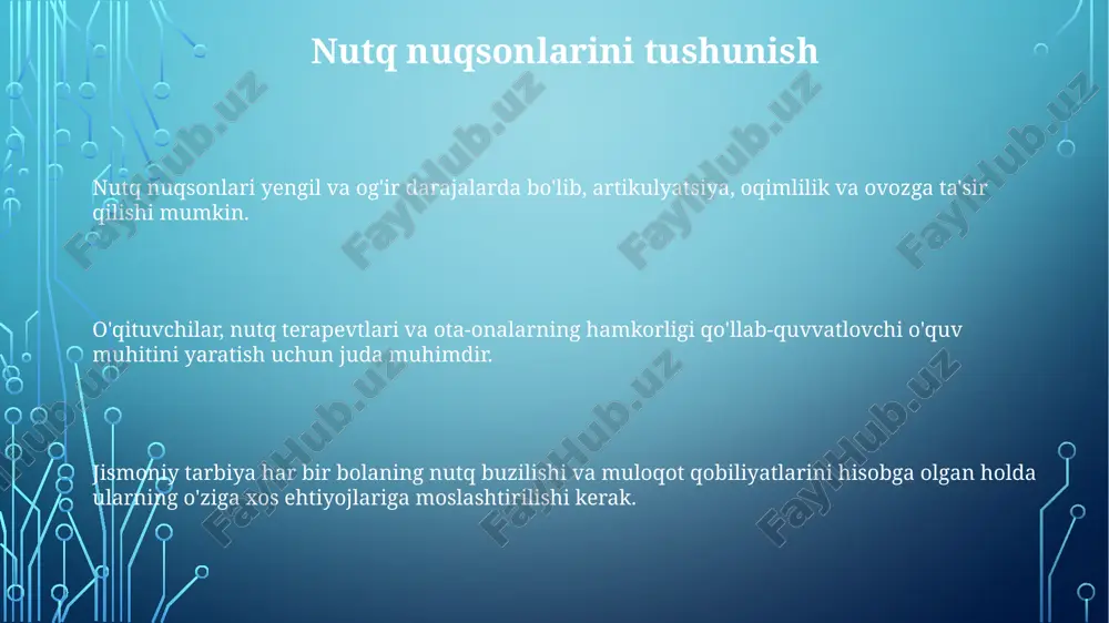 q nuqsonlari bo'lgan bolalarga hissiyotlardan ma'lumotni qayta ishlashga yordam beradi, bu esa motor ko'nikmalarini va muvofiqlashtirishni yaxshilaydi. gapirashda nuqsoni bo'lgan bolalar uchun jismoniy faoliyat imkoniyatlarini taqdim etish ularning umumiy farovonligini, o'ziga bo'lgan ishonchini va ijtimoiy munosabatlarini yaxshilashga yordam beradi. gap-motor, mayda motor va sezgilarni birlashtirish mashqlar bolalarda nutq nuqsonlari bilan muloqot va til rivojini yaxshilashi mumkin. jismoniy tarbiya ta'siri kommunikatsiya vositalariga ega bo'lgan inklyuziv muhit. shaxsiy ehtiyojlarga moslashtirilgan faoliyatlar. noverbal aloqa ko'nikmalarini rivojlantirish. e'tiboringiz uchun rahmat @taqdimot_robot image1.png image2.png image3.png image4.png image5.png