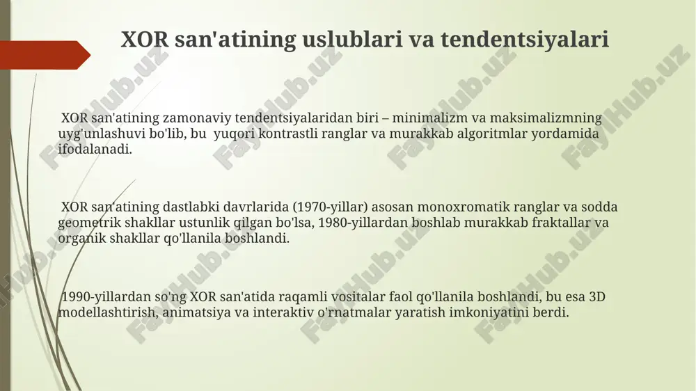 alitralari va past piksel zichligi bilan yaratilgan bo'lib, bu ijodkorlardan kreativ yechimlarni talab qilgan. xor san'atining mashhur vakillari 1990-yillarda xor san'ati, fraktal geometriya va kompyuter grafikasi kabi sohalar bilan chambarchas bog'liq bo'lib, yuzlab eksperimental asarlar yaratildi. hozirgi kunda xor san'atining 50 dan ortiq faol vakillari mavjud bo'lib, ularning asarlari xalqaro miqyosdagi ko'plab onlayn va oflayn ko'rgazmalarda namoyish etiladi. xor san'atining dastlabki davrlarida, taxminan 1980-yillarning o'rtalarida, 20 dan ortiq dasturchi va raqamli rassomlar ushbu texnikani o'zlashtirgan va birinchi asarlarni yaratgan. e'tiboringiz uchun rahmat @taqdimot_robot