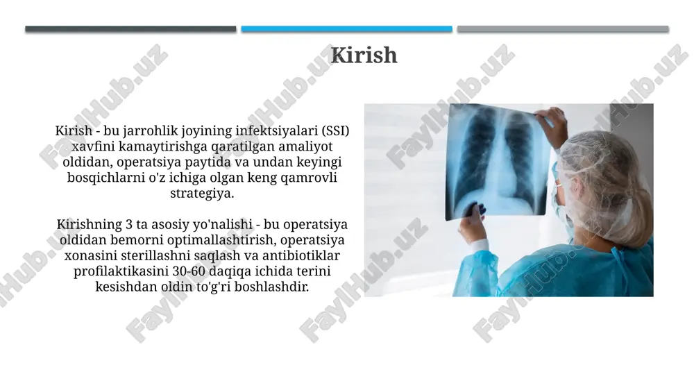 r, ldh (laktatdegidrogenaza) kabi biokimyoviy ko'rsatkichlarni o'z ichiga oladi. diagnostika: radiologiya radiologik tekshiruvlar, masalan, kt skanerlash, ko'krak qafasi jarrohlik infeksiyalarini tashxislashda juda muhim, chunki ular abssesslar va plevra suyuqligi to'planishi kabi suyuqlik to'planishlarini aniqlashda yordam beradi. rentgenografiya ko'krak qafasi jarrohligidan keyingi infeksiyani baholashning birinchi bosqichi bo'lishi mumkin, ammo kt yoki mri kabi ilg'or usullar murakkab infektsiyalarni baholashda sezgirlikni oshiradi. profilaktika profilaktika - bu operatsiyadan oldin 2% xlorheksidin bilan terini tozalash kabi jarrohlik joyini tayyorlashni o'z ichiga oladi, bu esa teri florasini kamaytiradi. profilaktika maqsadida antibiotiklarni operatsiyadan 60 daqiqa oldin, ko'krak qafasi operatsiyasi uchun sefazolin kabi, 1-2 gramm in'ektsiya qilish kerak. davolash: antibiotiklar torakal jarrohlik infektsiyalarida antibiotiklar profilaktik maqsadlarda operatsiyadan oldin 30-60 daqiqa oldin, odatda sefazolin 1-2 gramm miqdorida vena ichiga yuboriladi. infektsiya aniqlanganda, antibiotik terapiyasi keng spektrli preparatlar bilan boshlanishi mumkin, keyin esa kultura natijalariga asoslanib, tor doiradagi antibiotiklarga o'tiladi. davolash: jarrohlik aralashuv jarrohlik aralashuvi infeksiyalangan to‘qimalarni olib tashlashni o‘z …