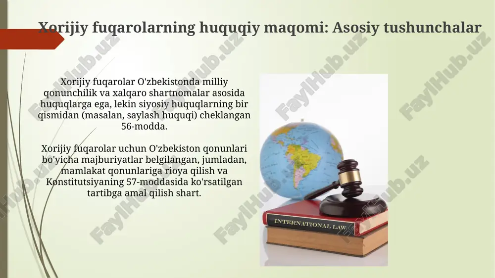 fuqaroligi boʻlmagan shaxslarning huquqlarini himoya qilish oʻzbekiston respublikasi konstitutsiyasining 46-moddasi xorijiy fuqarolar va fuqaroligi boʻlmagan shaxslarning huquqlarini milliy fuqarolar bilan teng ravishda himoya qilish kafolatini belgilaydi. «xorijiy fuqarolarning huquqiy holati toʻgʻrisida»gi qonunning 5-moddasi xorijiy fuqarolarning oʻzbekistonda erkin harakatlanish huquqini, qonun bilan cheklangan holatlar bundan mustasno, ta’minlaydi. e'tiboringiz uchun rahmat image2.jpg image3.jpg image4.jpg image5.jpg image6.jpg image7.jpg image8.jpg image9.jpg image10.jpg