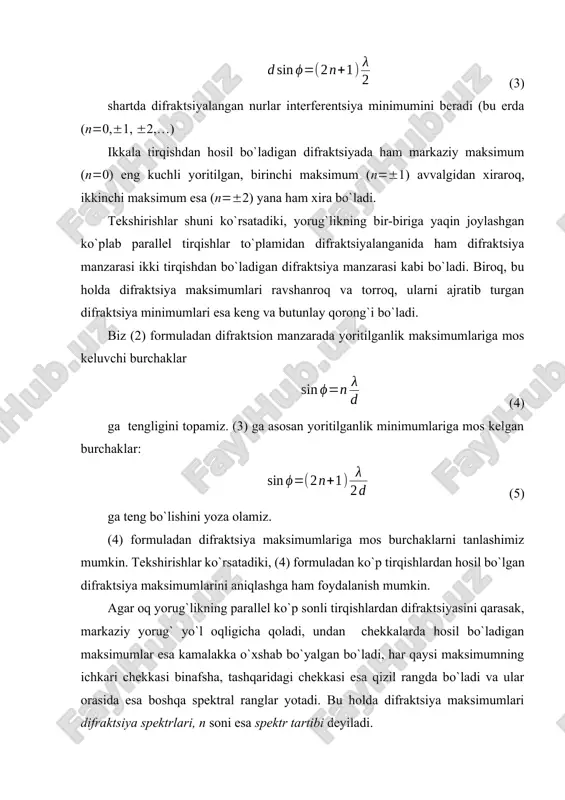 oydalanish mumkin. agar oq yorug`likning parallel ko`p sonli tirqishlardan difraktsiyasini qarasak, markaziy yorug` yo`l oqligicha qoladi, undan chekkalarda hosil bo`ladigan maksimumlar esa kamalakka o`xshab bo`yalgan bo`ladi, har qaysi maksimumning ichkari chekkasi binafsha, tashqaridagi chekkasi esa qizil rangda bo`ladi va ular orasida esa boshqa spektral ranglar yotadi. bu holda difraktsiya maksimumlari difraktsiya spektrlari, n soni esa spektr tartibi deyiladi. mazkur ishda shishadan tayyorlangan difraktsion panjara yordamida yorug`lik to`lqini uzunligini aniqlash maqsad qilib qo`yilgan. usulning nazariyasi va qurilmaning tavsifi bir-biriga juda yaqin ko`p sonli parallel tirqishlar sistemasi difraktsion panjara deb yuritiladi. oddiy tiniq (shaffof) difraktsion panjarada shisha plastinkaning yuziga aniq bo`lish mashinasi bilan bir-biriga parallel juda ko`p shtrixlar chiziladi. shtrixlar (chizilgan joylar) orasida chizilmagan yorug`lik o`tkazadigan o`zaro parallel tiniq yo`llar (tirqishlar) qoladi. shishaning chizilgan joylari yorug`likka tiniq emas, ularni plastinkadagi tiniq tirqishlarning noshaffof oraliqlari deb qaraladi. difraktsion panjaraning tiniq tirqishlarining enini , noshaffof shtrixlarning enini deb belgilasak, u holda ifoda panjaraning davri …