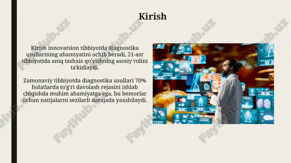 pleks hisobotlarni yaratishga imkon beradi. tahlil usullari genomika, proteomika va metabolomika kabi ma'lumotlar to'plamlaridan olingan katta hajmdagi ma'lumotlarni qayta ishlash orqali kasallik biomarkerlarini aniqlaydi. shaxsiy tibbiyotda diagnostikaning ahamiyati shaxsiy tibbiyotda diagnostika bemorning genetik profilini, metabolomik ma'lumotlarini va turmush tarzini tahlil qilish orqali davolash strategiyasini optimallashtirish uchun muhim. yuqori aniqlikdagi diagnostika, masalan, suyuqlik biopsiyasi, kasalliklarni erta aniqlashga yordam beradi, bu esa samaraliroq va individual davolash usullarini qo'llash imkonini beradi. xulosa va kelajak istiqbollari kelajakda sun'iy intellektga asoslangan diagnostika usullari 70% gacha aniqlikni oshirishi va shifokorlarga tezroq qaror qabul qilishga yordam berishi mumkin. genomika va proteomika texnologiyalarining integratsiyasi individual davolash strategiyalarini ishlab chiqishda 65% gacha samaradorlikni oshiradi. e'tiboringiz uchun rahmat image2.jpg image3.jpg image4.jpg image5.jpg image6.jpg image7.jpg image8.jpg image9.jpg image10.jpg image11.jpg image12.jpg image13.jpg