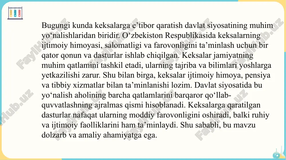 maklashadi. dastur keksalarni jamiyatning faol qatlamiga aylantirishga yordam beradi. davlat keksalarning sog‘lig‘ini himoya qilish uchun maxsus xizmatlar tizimini yo‘lga qo‘ygan. bu tizim doirasida uy sharoitida tibbiy yordam ko‘rsatish, dorilar bilan ta’minlash va profilaktik tekshiruvlar mavjud. ijtimoiy xizmatlar orqali keksalarga oziq-ovqat, kommunal xizmatlar va boshqa kundalik ehtiyojlar taqdim etiladi. uy sharoitida xizmatlar keksalarning mustaqil hayot kechirishi va xavfsizligini ta’minlaydi. davlat sog‘liqni saqlash markazlari va ijtimoiy xizmatlar bilan birgalikda ishlaydi. shu orqali keksalar jamiyatda faol va mustaqil bo‘lish imkoniyatiga ega bo‘ladi. bu amaliy tadbirlar keksalarning turmush darajasini yaxshilashga xizmat qiladi. keksalarning ijtimoiy faolligini oshirishga qaratilgan loyihalar davlat va nodavlat tashkilotlari tomonidan keksalarning ijtimoiy faolligini oshirishga qaratilgan loyihalar amalga oshiriladi. ushbu loyihalar orqali keksalar sport musobaqalari, madaniy tadbirlar va seminarlarida ishtirok etadi. shu bilan birga, ular o‘z qiziqishlariga mos klub va jamoalarga qo‘shilish imkoniyatiga ega bo‘ladi. loyihalar yolg‘izlikni kamaytirish, ruhiy holatni yaxshilash va jamiyat bilan aloqani mustahkamlashga xizmat qiladi. keksalarning ijtimoiy faolligi ularning …