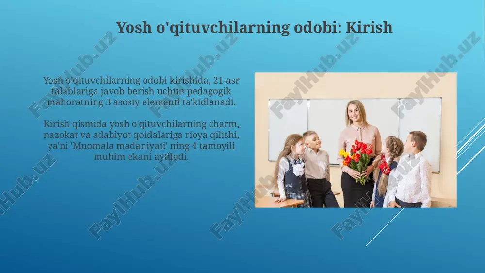ing qadr-qimmatini tan olish va 2-o’rinda unga ishonch bildirishdan iboratdir. taktning muhim tamoyili – 3-raqamli vaziyatlarda ham o’qituvchining o’zini tuta bilishi, sabr-toqatli bo’lishi va 4-element sifatida adolatli munosabatda bo’lishidir. yosh o'qituvchilarning pedagogik taktini rivojlantirish yosh o'qituvchilarning pedagogik taktini rivojlantirishda 3 asosiy yo'nalish mavjud: nazariya (bilim), amaliyot (ko'nikma), va shaxsiy fazilatlar (empatik munosabat). pedagogik taktni rivojlantirish uchun seminar-treninglar tashkil etish, bunda 5-7 yillik tajribaga ega ustozlar tajribasini o'rganish muhim ahamiyatga ega. o'qituvchining odobi, nozikligi, nazokati va takti: o'zaro bog'liqlik o'qituvchi odobi 70% aloqa malakasini, 20% empatiyani va 10% sabr-toqatni qamrab oladi, bu esa sinfda ijobiy muhit yaratishda muhim omil hisoblanadi. noziklik, o'quvchining 3 xil hissiyotiga (xursandchilik, qayg'u, hayrat) sezgir bo'lishni va har biriga pedagogik yondashuvda moslashuvchanlikni talab etadi. amaliy maslahatlar: yosh o'qituvchilar uchun qo'llanma qo'llanma yosh o'qituvchilarga darsni 45 daqiqada samarali boshqarish, o'quvchilarni jalb qilish va baholash mezonlarini aniq tushuntirish bo'yicha amaliy maslahatlar beradi. ushbu qo'llanmada pedagogik taktika, xususan, o'quvchilar bilan …
