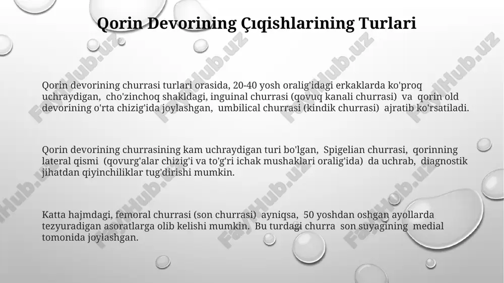 uqobil usullari, jumladan, fizioterapiya va manevrlar, samarqanddagi reabilitatsiya markazlarida qo'llaniladi, ammo ulardan foydalanishdan oldin shifokor bilan maslahatlashish kerak. diagnostika usullari ultratovush tekshiruvi (usg) 95% aniqlik bilan churra tarkibini va uning joylashuvini aniqlash imkonini beradi, masalan, farg'ona vodiysidagi klinikalarda. qorin devori churralarini tashxislashda 70% hollarda fizik tekshiruv, ya'ni palpatsiya va perkussiya usullari samarkand viloyati shifoxonalarida qo'llaniladi. ko'krak qafasi rentgenogrammasi 20-30% hollarda churraning o'lchamini aniqlash va ichki organlarning siqilishini baholash uchun toshkent shahrida ishlatiladi. e'tiboringiz uchun rahmat @taqdimot_robot image1.png image2.png image3.png