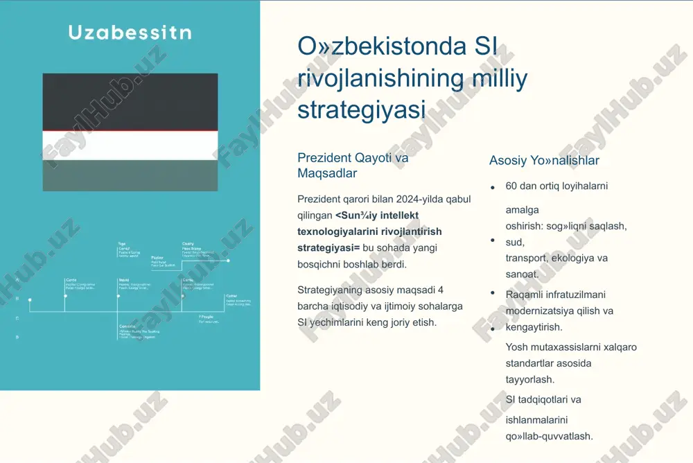 jimida ishlovchi si tizimlarining texnologik asoslari yuqori: real-vaqt qaror tezkor qayta ishlash va qaror qabul qilish o»rta: chuqur o»rganish neyron tarmoqlar va model o'qitish baza: katta ma¾lumot high-speed computing bilan birgalikda bu tizimlarning ishlashi quyidagi uchta asosiy texnologiyaga tayanadi: neyron tarmoqlar & chuqur o»rganish murakkab ma¼lumotlar to»plamidan tezkor o»rganish va tahlil qilish uchun asos yaratadi. robototexnika va embodied ai real dunyo muhitida mustaqil harakat qiluvchi, moslashuvchan tizimlarni yaratish (masalan: bristol robotics laboratory yechimlari). katta ma¾lumotlar (big data) qayta ishlashi massiv ma¼lumotlar oqimini millisekundlarda tahlil qilish va kerakli xulosalarni chiqarish imkoniyati. kelajak istiqbollari va o»zbekistonning potensiali bu istiqbollar o»zbekistonning xalqaro texnologiyalar arenasida o»z o»rnini mustahkamlashga qaratilgan. raqamli iqtisodiyot 2030-yilgacha si texnologiyalarini keng joriy etish orqali milliy raqamli iqtisodiyotni shakllantirish. markaziy osiyoda yetakchilik global raqobatda markaziy osiyodagi eng ilg»or raqamli markazga aylanishga intilish. yosh mutaxassislar ta¼lim tizimida si sohasidagi malakali kadrlar tayyorlashni ustuvor vazifa deb bilish. xulosa: haqiqiy vaqt rejimida si tizimlari …
