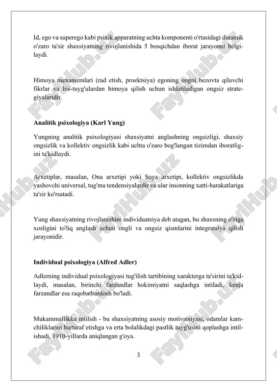 qiladi. kattalashgan beshlik modeli (big five) ochiqlik, vijdonlilik, ekstraversiya, yoqimlilik va nevrotizm kabi 5 asosiy fazilatni o'lchaydi. har bir fazilat shaxsning xatti-harakatini tushuntirishga yordam beradi. ijtimoiy-kognitiv nazariya (albert bandura) banduraning ijtimoiy-kognitiv nazariyasi shaxsni o'z-o'zini samaradorlikka ega, maqsadlarga intiluvchi agent sifatida ko'radi; 4 ta kognitiv jarayon kuzatishga ta'sir qiladi. o'z-o'zini samaradorlik, shaxsning muvaffaqiyatli bajarish qobiliyatiga ishonchi, xulq-atvorni, intilishlarni va stressni yengish qobiliyatini shakllantiradi. o'zaro determinizm shaxs, xulq-atvor va muhit o'rtasidagi doimiy o'zaro ta'sirni ta'kidlaydi, uch omil bir-biriga dinamik ta'sir ko'rsatadi. biologik nazariyalar biologik nazariyalar shaxsiyatning genetik asoslarini ta'kidlaydi, 40-60% atrofida shaxsiyat o'zgarishlari merosxo'rlik bilan bog'liq ekanligini ko'rsatadi. eysenkning uch faktorli modeli (pen) shaxsiyatni biologik asoslangan uchta o'lchovga (psixotizm, ekstraversiya, nevrotizm) bog'laydi, miya faoliyati farqlari asosida. greyning kuchaytirish sezgirligi nazariyasi (rst) xatti-harakatni boshqaradigan ikkita tizimni taklif etadi: bas (mukofot) va ffs/bis (jazo), limbik tizim bilan bog'liq. diskussiya: nazariyalarni solishtirish va farqlash diskussiya shaxsiyat nazariyalarini 5 asosiy jihat bo'yicha taqqoslashni o'z ichiga oladi: …