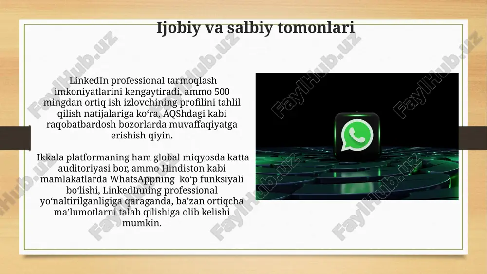 nes-kommunikatsiya sohasini rivojlantirishda ishtirok etib, 2030 yilda dunyoning 100 ta yirik shaharlarida elektron tijorat hajmini 30% ga oshirishi va yangi biznes modellarining paydo bo'lishiga turtki bo'lishi mumkin. linkedin professional tarmoqlashuv imkoniyatlarini kengaytirib, sun'iy intellekt yordamida 2030 yilga kelib ish topish jarayonini avtomatlashtirishi va global miqyosda 1 milliarddan ziyod foydalanuvchiga xizmat ko'rsatishi mumkin. xavfsizlik masalalari linkedin'dagi professional tarmoqlarning xavfsizligini ta'minlash uchun, aqshda joylashgan kompaniyalar 2-faktorli autentifikatsiya va maxfiylik sozlamalarini to'g'ri sozlash kabi texnologiyalardan foydalanadilar. har ikkala platformada ham, masalan, rossiya va xitoy kabi mamlakatlarda noqonuniy faoliyatning oldini olish uchun 1000 dan ortiq xodimlarni o'z ichiga olgan global jamoalar kuchli monitoring va modaratorlik tizimlarini qo'llaydilar. cheklovlar va kamchiliklar whatsapp'ning 2 milliarddan ortiq foydalanuvchisi bo'lsa-da, shaxsiy ma'lumotlarning xavfsizligi masalasi, ayniqsa, hindiston va braziliya kabi yirik bozorlarda dolzarbligicha qolmoqda. ikkala platformaning ham global miqyosda keng tarqalganligi, 24/7 foydalanish imkoniyati bo'lsa-da, aqsh va yevropa kabi hududlarda tarmoq muammolariga duch kelish ehtimoli ham yuqori. ma'lumot almashish …