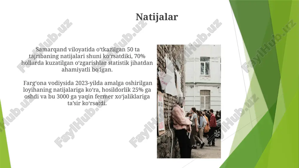 blikasi fanlar akademiyasining 2022 yilgi hisobotida ko'rsatilgan 7 ta muhim tadqiqot yo'nalishlaridan biri sifatida atrof-muhitni muhofaza qilish masalalariga alohida e'tibor qaratilgan. toshkent shahridagi 5 ta ta'lim muassasasida o'tkazilgan tadqiqot natijalari ma'lumotlar bazasiga 2023 yilning 15-martida kiritildi va 1000 dan ortiq respondentning fikrlarini o'z ichiga oladi. e'tiboringiz uchun rahmat @taqdimot_robot image1.jpg image2.jpg image3.jpg image4.jpg image5.jpg image6.jpg image7.jpg image8.jpg image9.jpg image10.jpg image11.jpg image12.jpg