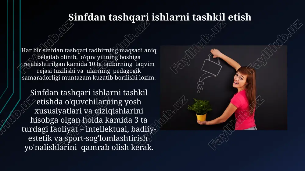 bo'yicha tahlil qilinadi va takmillashtiriladi. baholash va monitoring tizimi 1-4-sinf o'quvchilarining yutuqlarini kuzatish, kamida 4 ta baholash usuli (yozma, og'zaki, amaliy, loyiha) orqali o'quv jarayonining samaradorligini aniqlashga qaratilgan. axborot kommunikatsiya texnologiyalaridan foydalanish axborot kommunikatsiya texnologiyalari (akt) yordamida o'quv jarayonini 20% ga samaradorligini oshirish, kamida 5 xil akt vositalaridan foydalanishni o'z ichiga oladi. o'quvchilarning mustaqil ishlarini tashkil qilishda akt dan foydalanish, masalan, onlayn testlar yoki taqdimotlar tayyorlash, o'rtacha 15 daqiqadan kam bo'lmasligi kerak. oʻquv jarayonini tashkil etishning zamonaviy usullari o'quv jarayonida interfaol o'yinlar va simulyatsiyalardan foydalanish, 20% ga yaqin bilimlarni mustahkamlash va o'zlashtirish darajasini oshirishga yordam beradi, buning uchun kamida 3 xil o'yin turi qo'llanilishi tavsiya etiladi. zamonaviy o'quv jarayonini tashkil etishda 5 ta asosiy bosqichdan iborat bo'lgan "aqlli ta'lim" modeli samarali qo'llanilmoqda, bu esa o'quvchilarning 70% dan ortig'ining faol ishtirokini ta'minlaydi. oʻqituvchining kasbiy rivojlanishi pedagogik faoliyatning 5 yillik tajribasiga ega boʻlgan oʻqituvchilar sertifikatlashtirishdan oʻtishi va yuqori malakali toifaga ega boʻlishi …